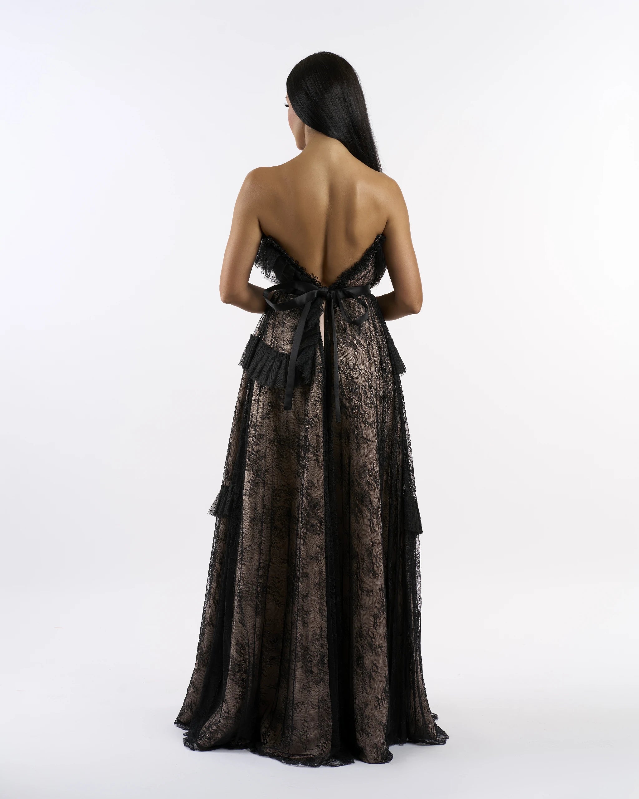 Black & nude lace tiered strapless dress