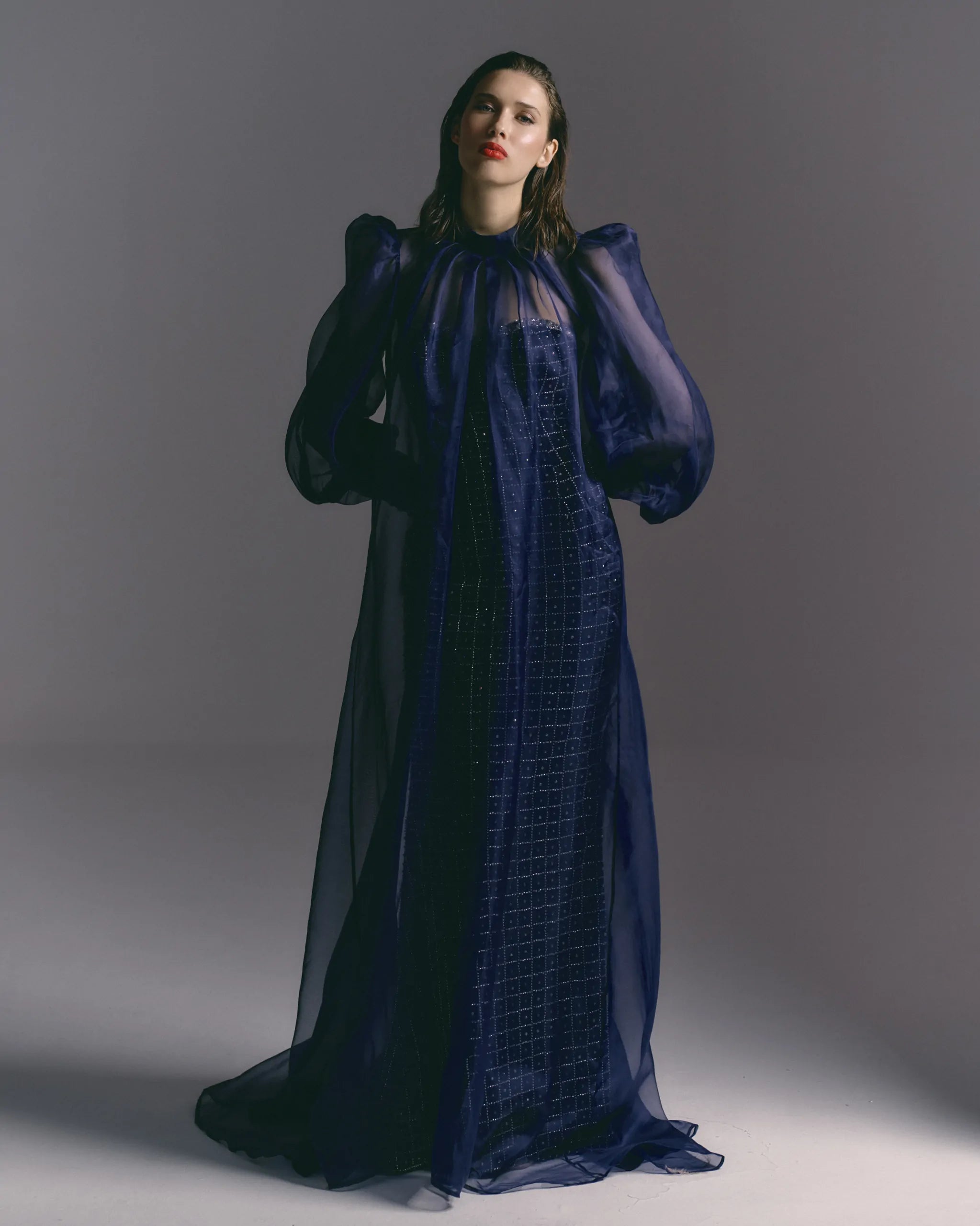 Midnight Majesty Navy Off-Shoulder Dress with Organza Cape