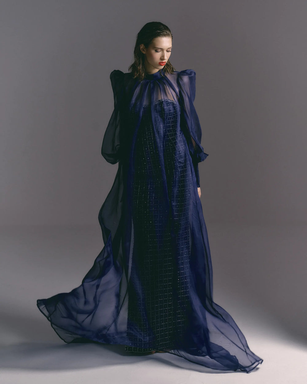 Midnight Majesty Navy Off-Shoulder Dress with Organza Cape