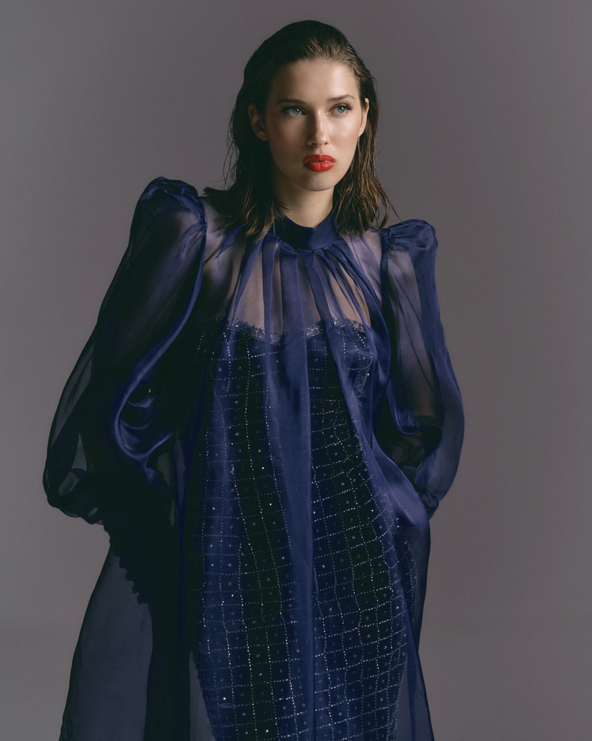 Midnight Majesty Navy Off-Shoulder Dress with Organza Cape