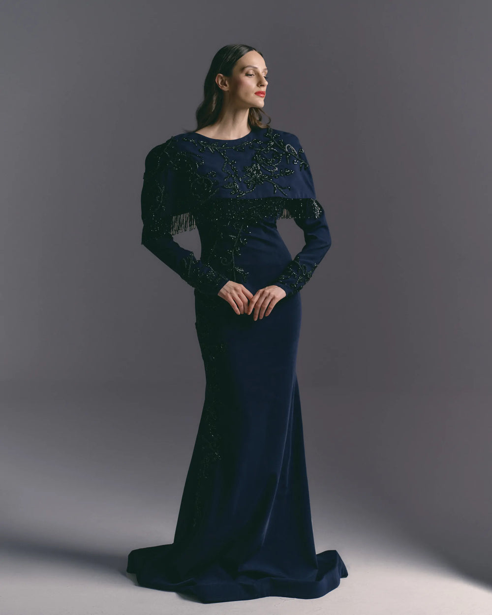 Midnight Regal Navy Beaded Cape Dress