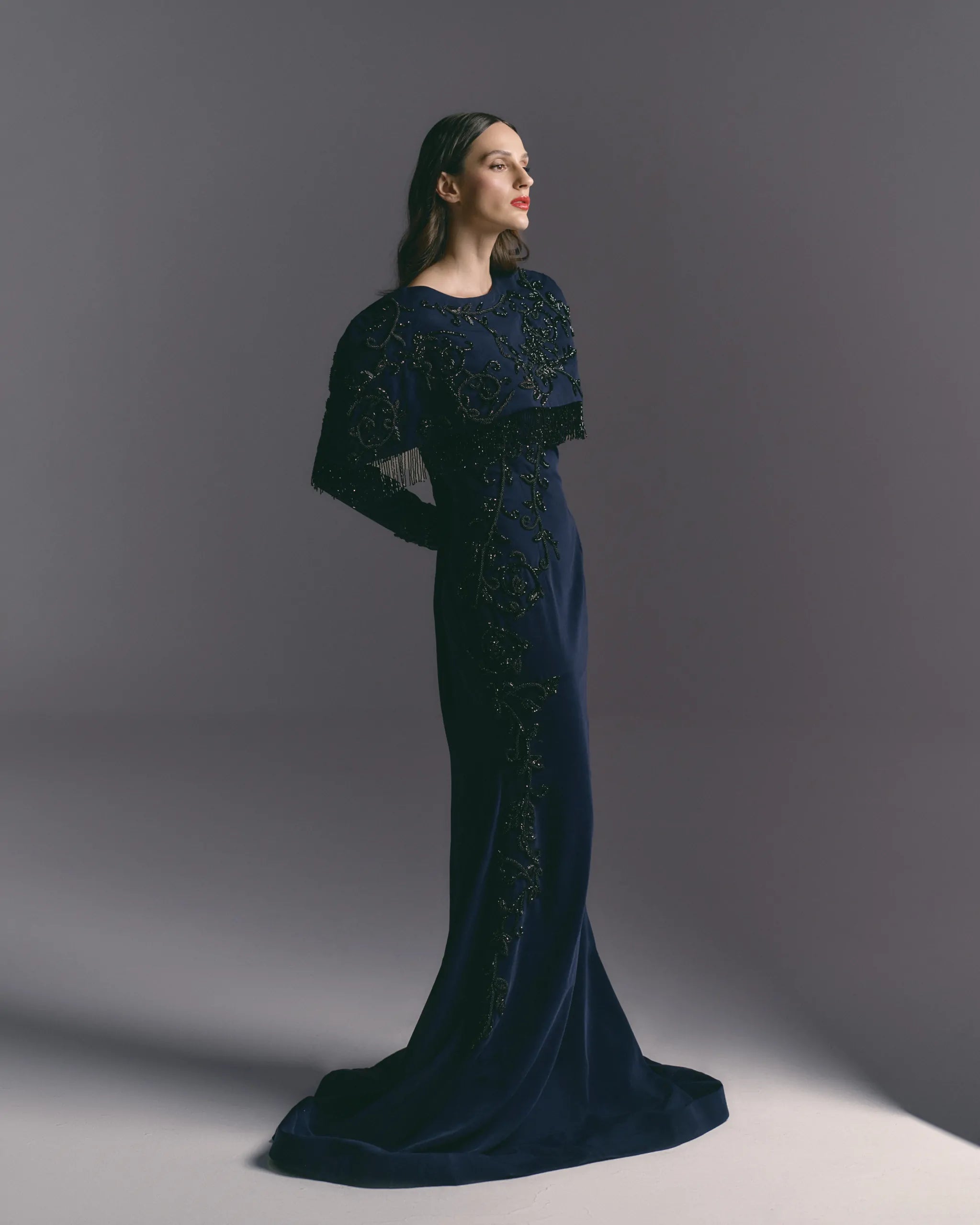 Midnight Regal Navy Beaded Cape Dress