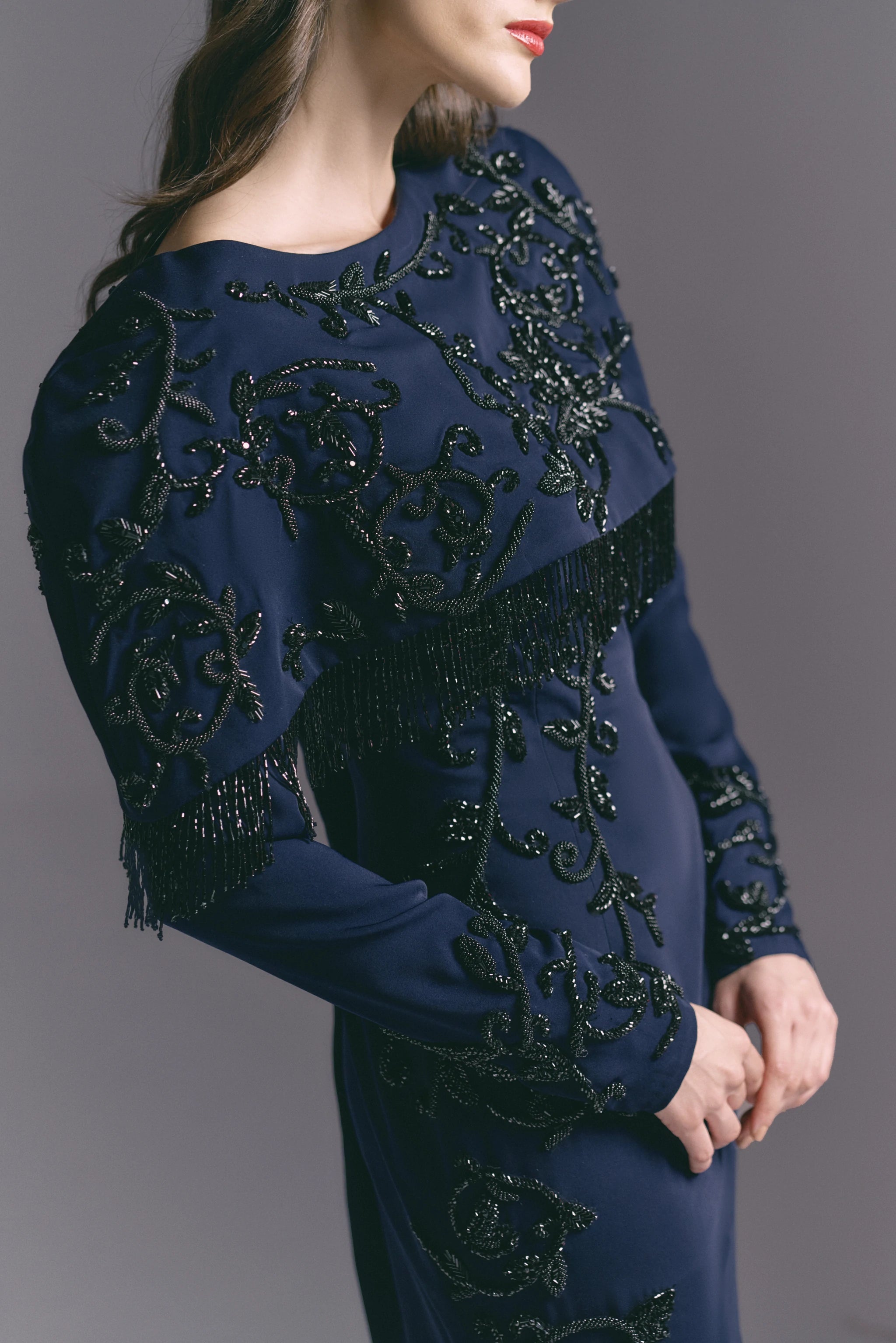 Midnight Regal Navy Beaded Cape Dress