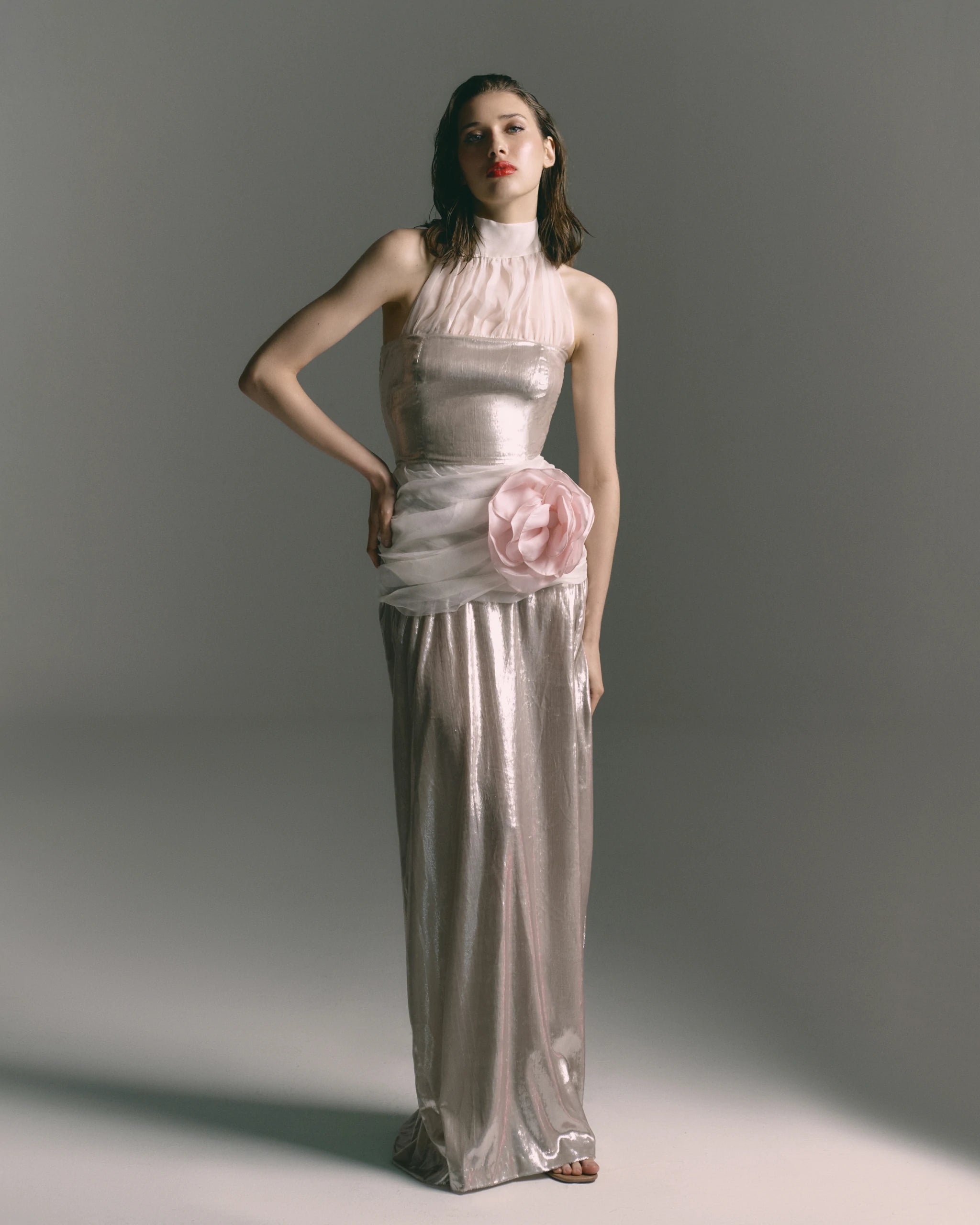 Moonlight Rose Silver Gown with Sheer Neckline & Floral Waist