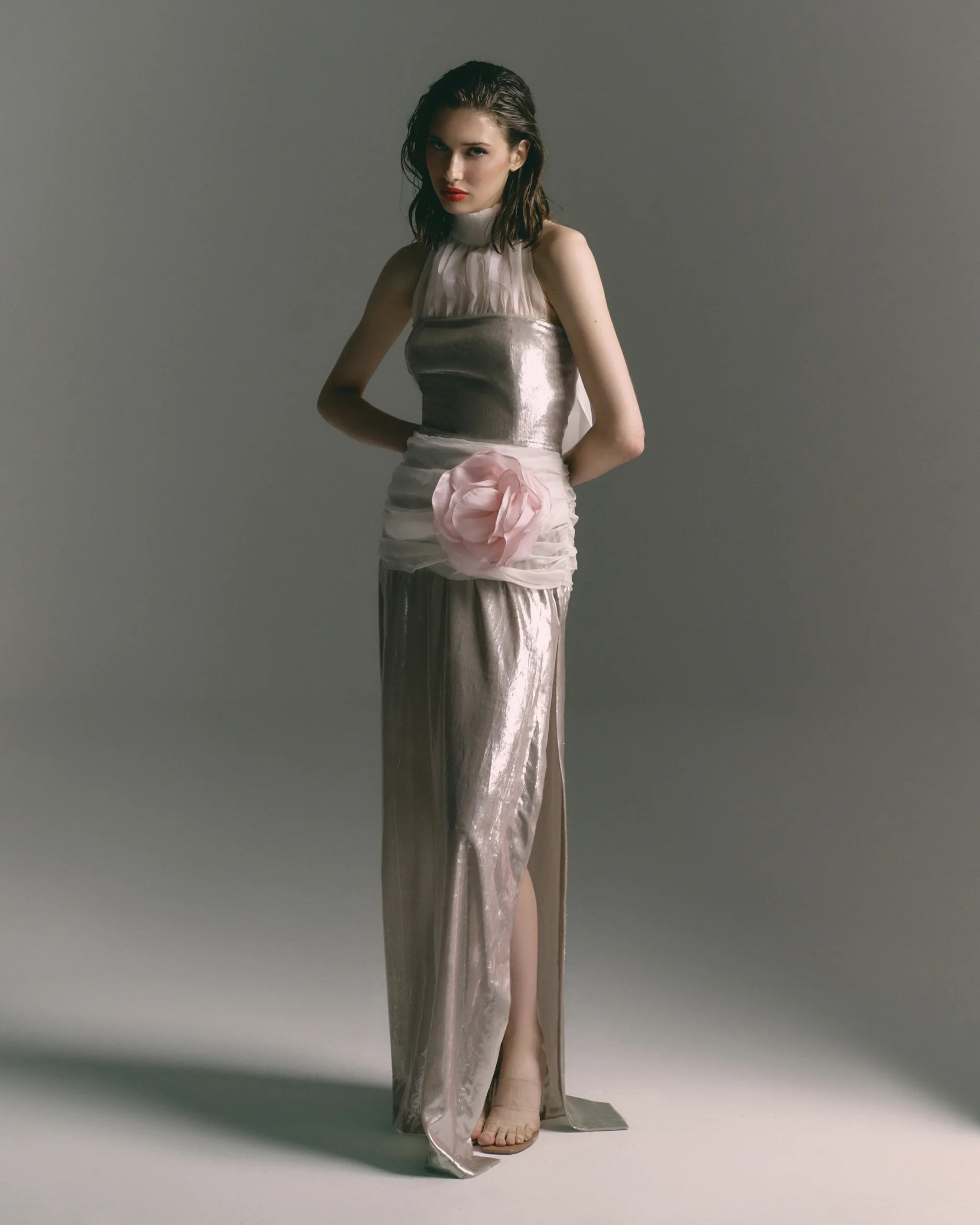 Moonlight Rose Silver Gown with Sheer Neckline & Floral Waist