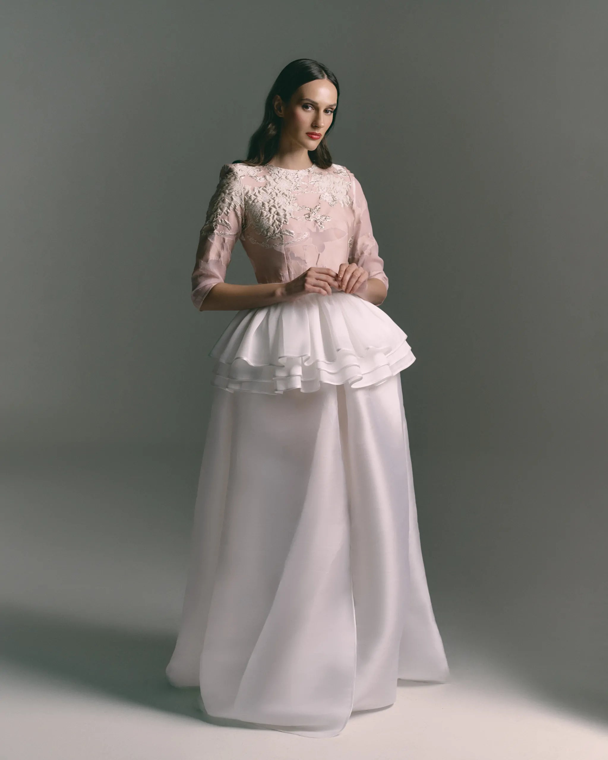 Ethereal Blossom Blush Embroidered Gown with Layered Peplum