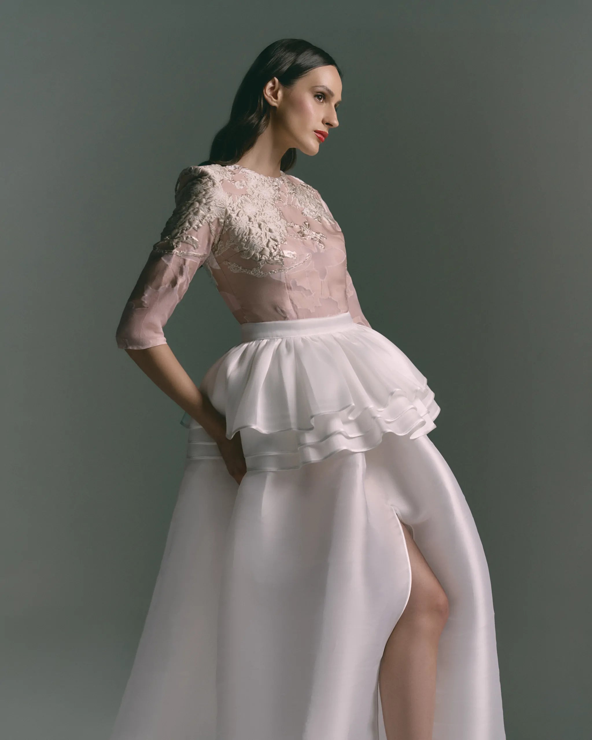 Ethereal Blossom Blush Embroidered Gown with Layered Peplum