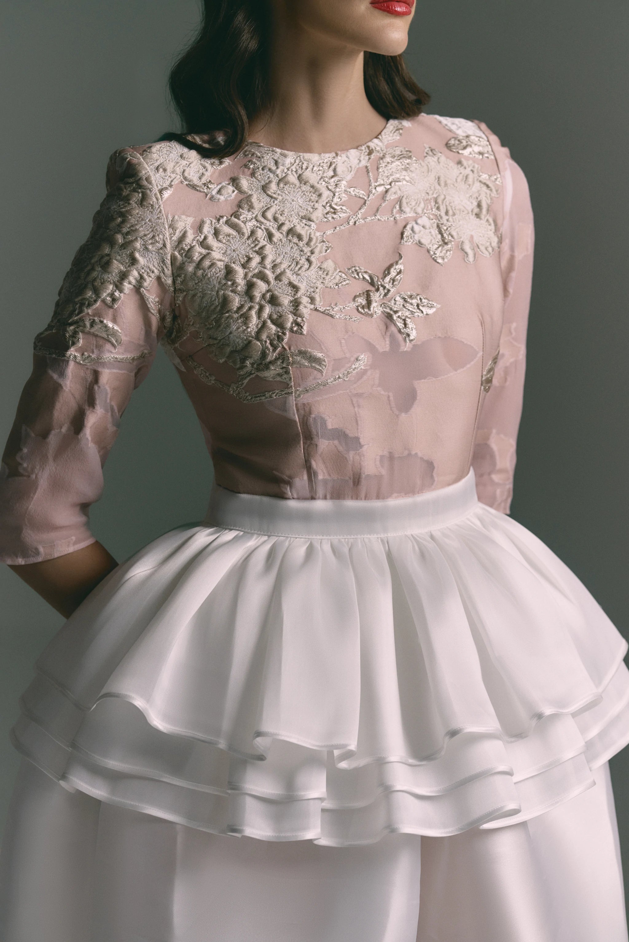 Ethereal Blossom Blush Embroidered Gown with Layered Peplum