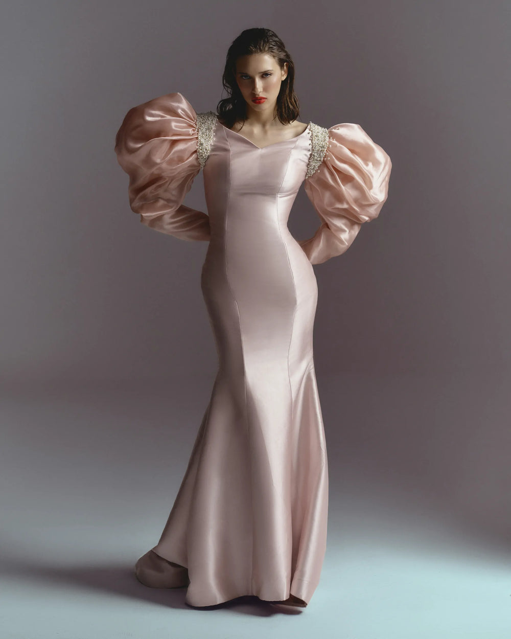 Blush Majesty Pink Satin Mermaid Gown with Puff Sleeves