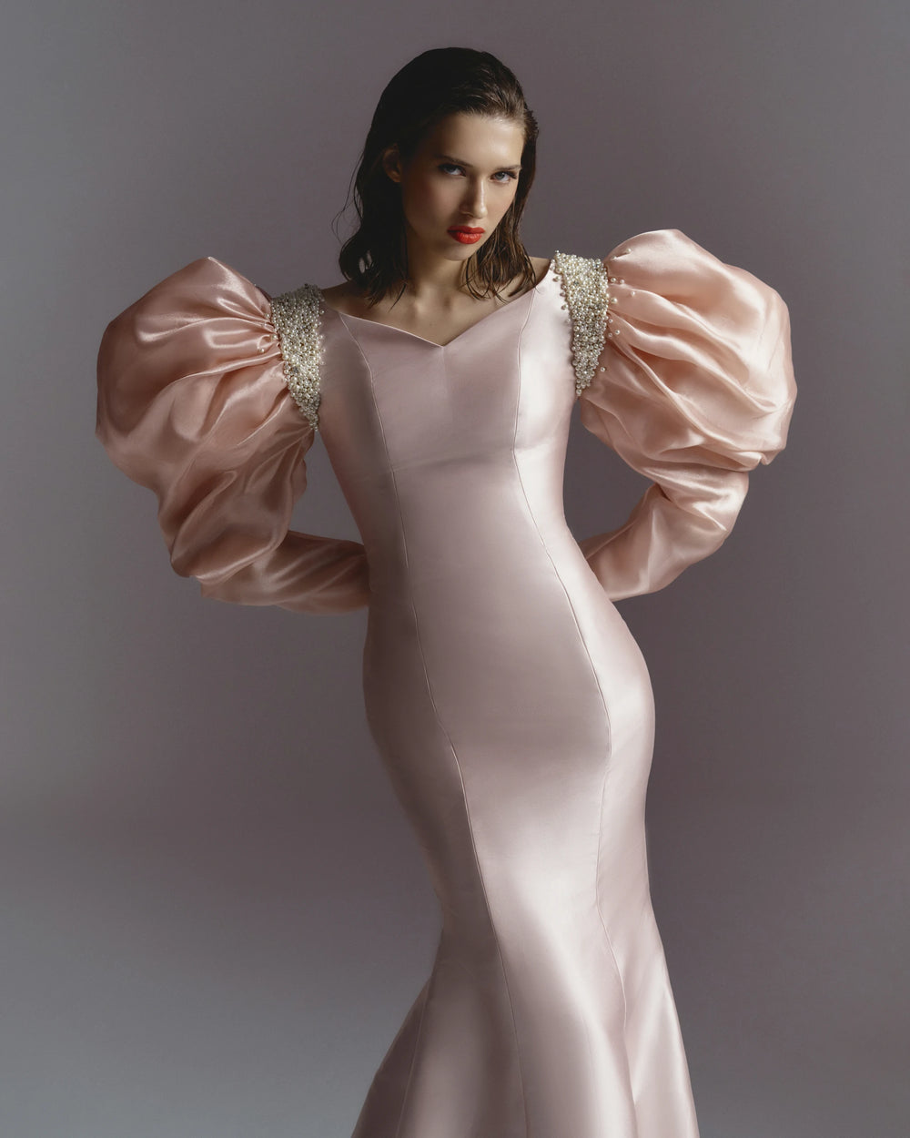 Blush Majesty Pink Satin Mermaid Gown with Puff Sleeves