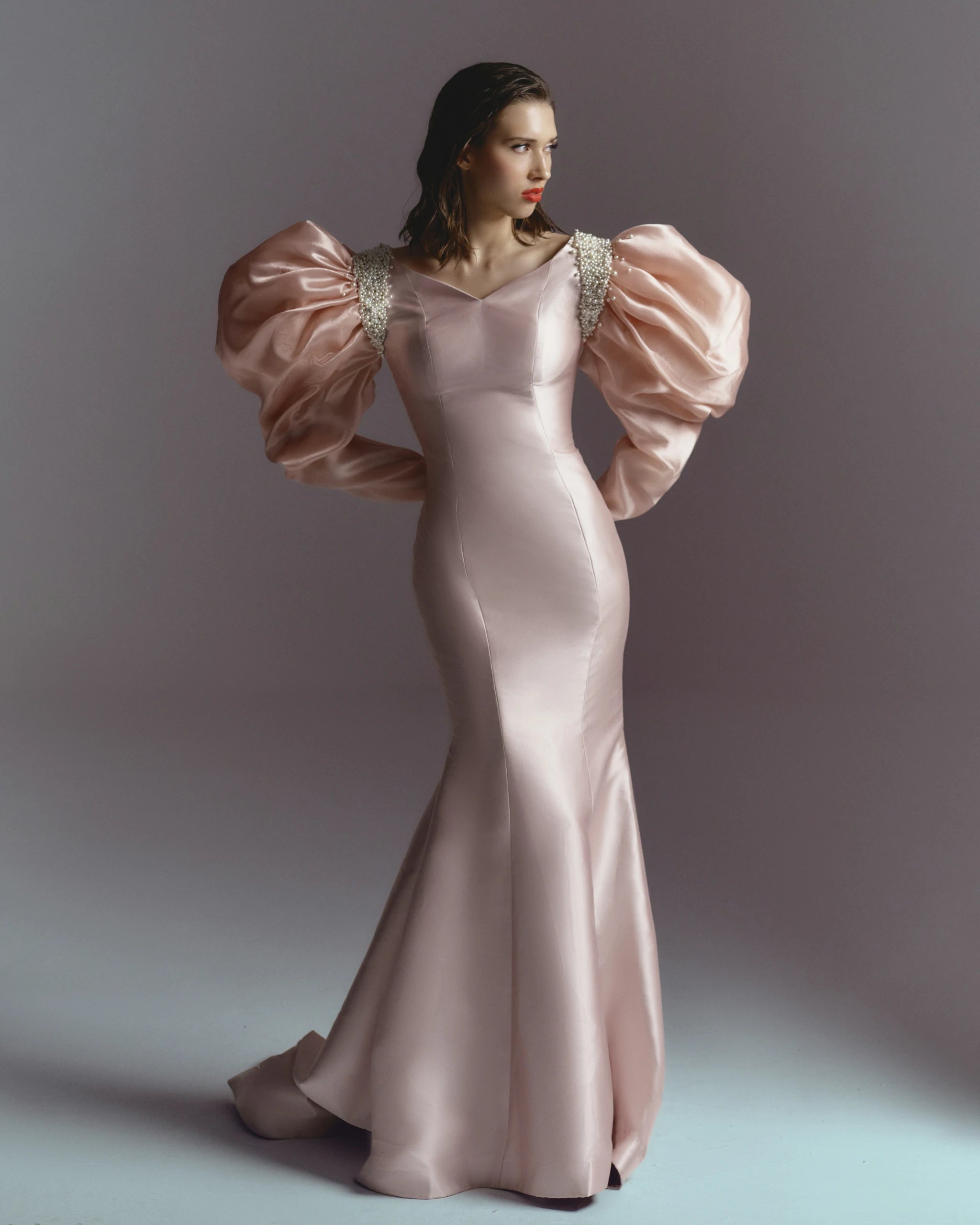 Blush Majesty Pink Satin Mermaid Gown with Puff Sleeves