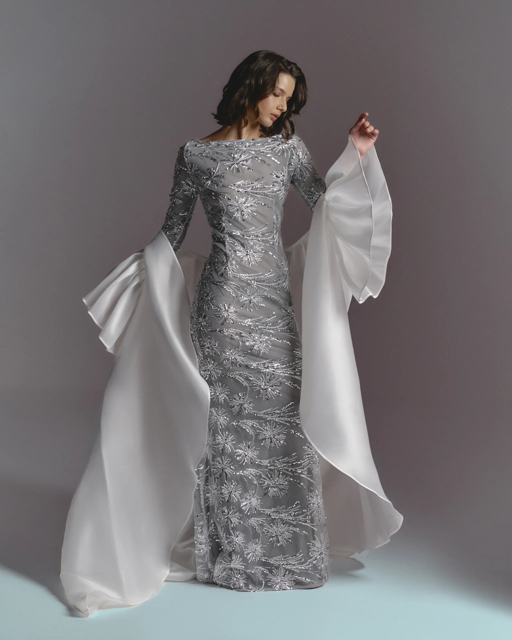 Celestial Symphony Silver Embroidered Gown with Flowing Sleeves