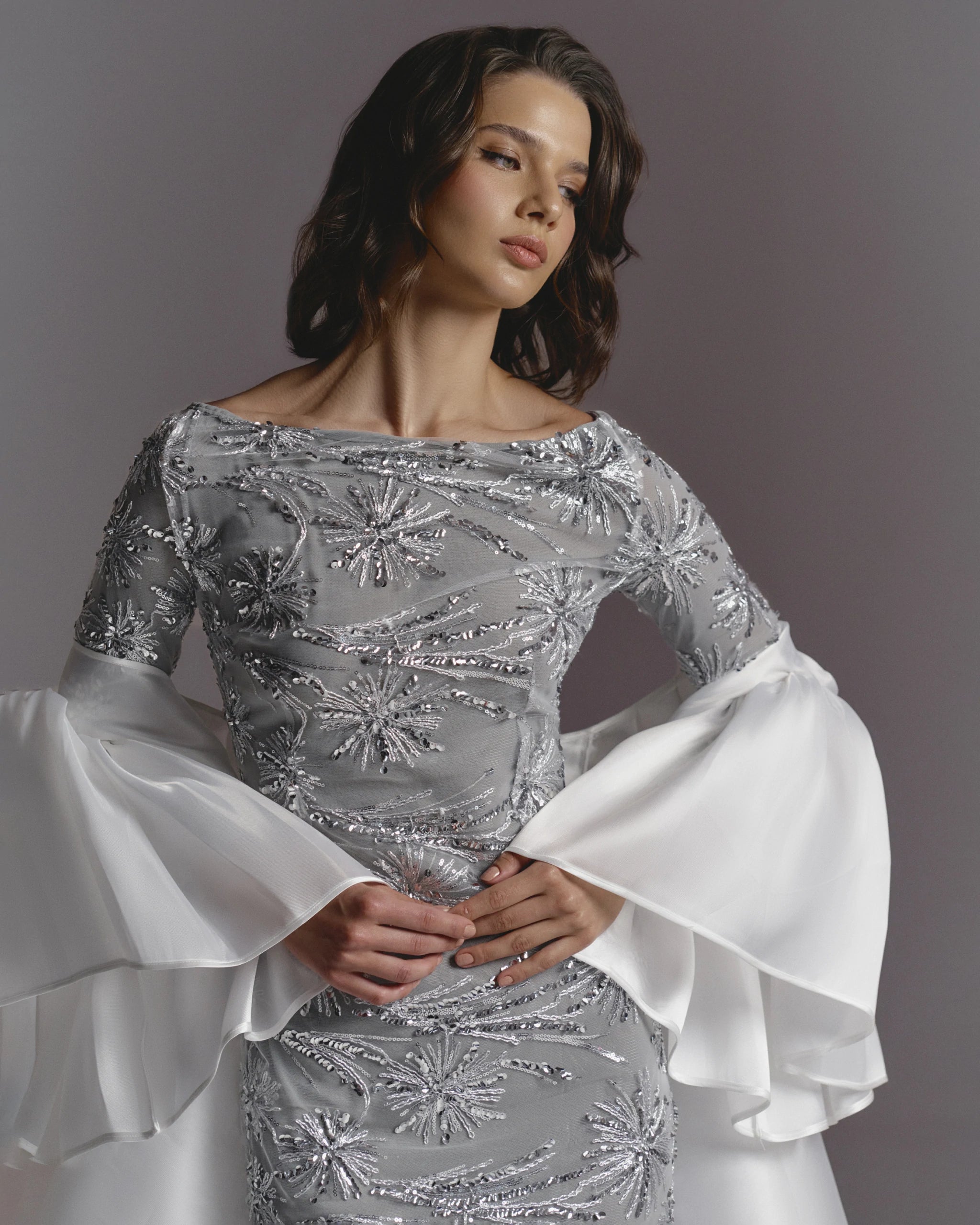 Celestial Symphony Silver Embroidered Gown with Flowing Sleeves
