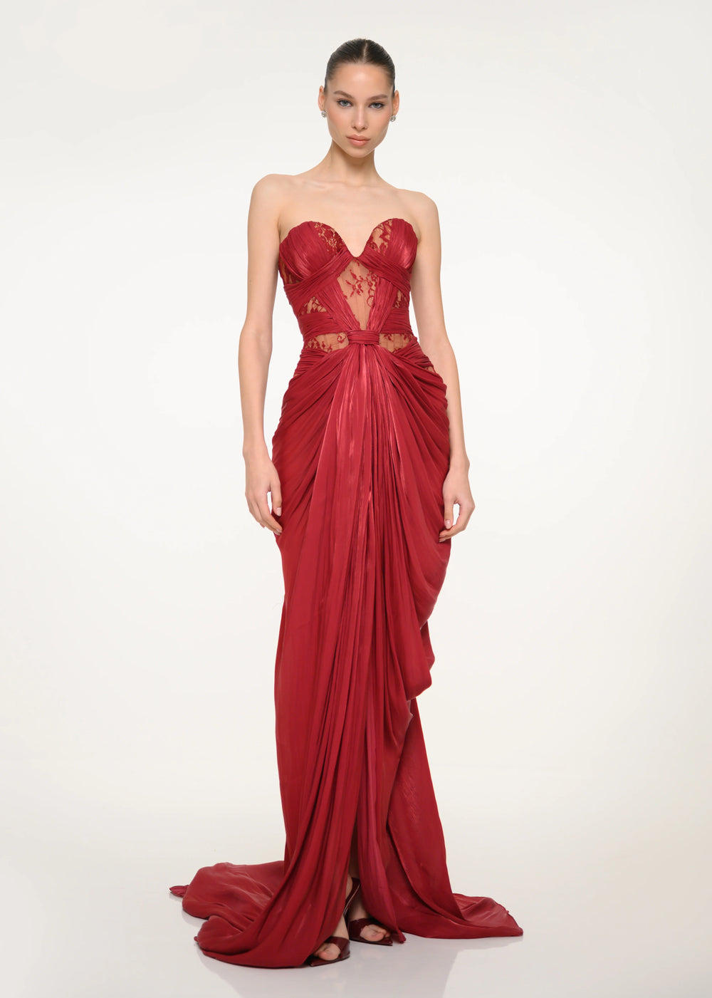 Burgundy Strapless Dress with Lace