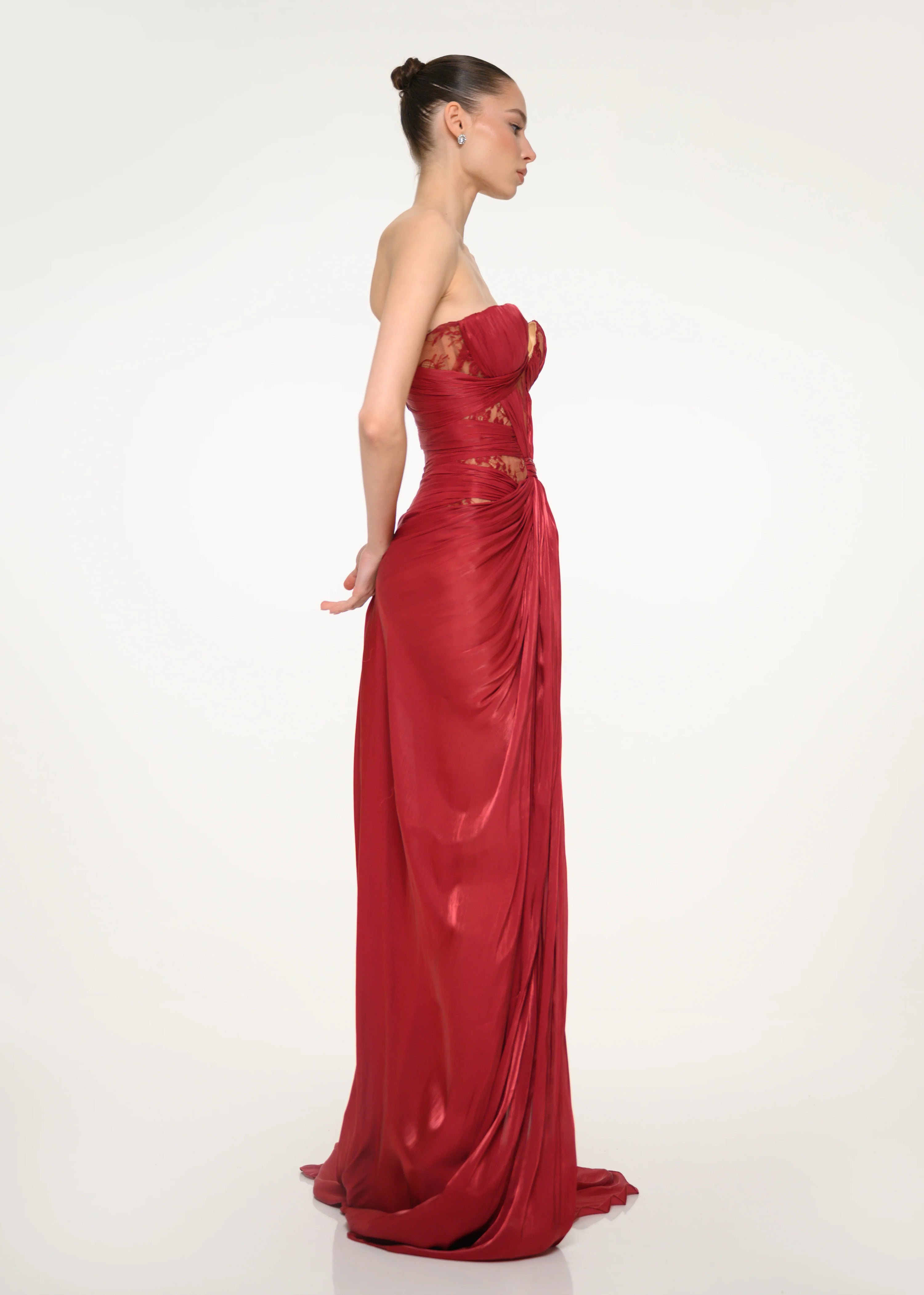 Burgundy Strapless Dress with Lace