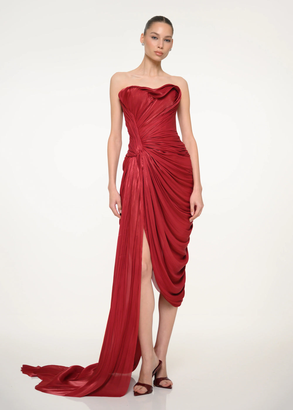 Burgundy Draped Strapless Dress