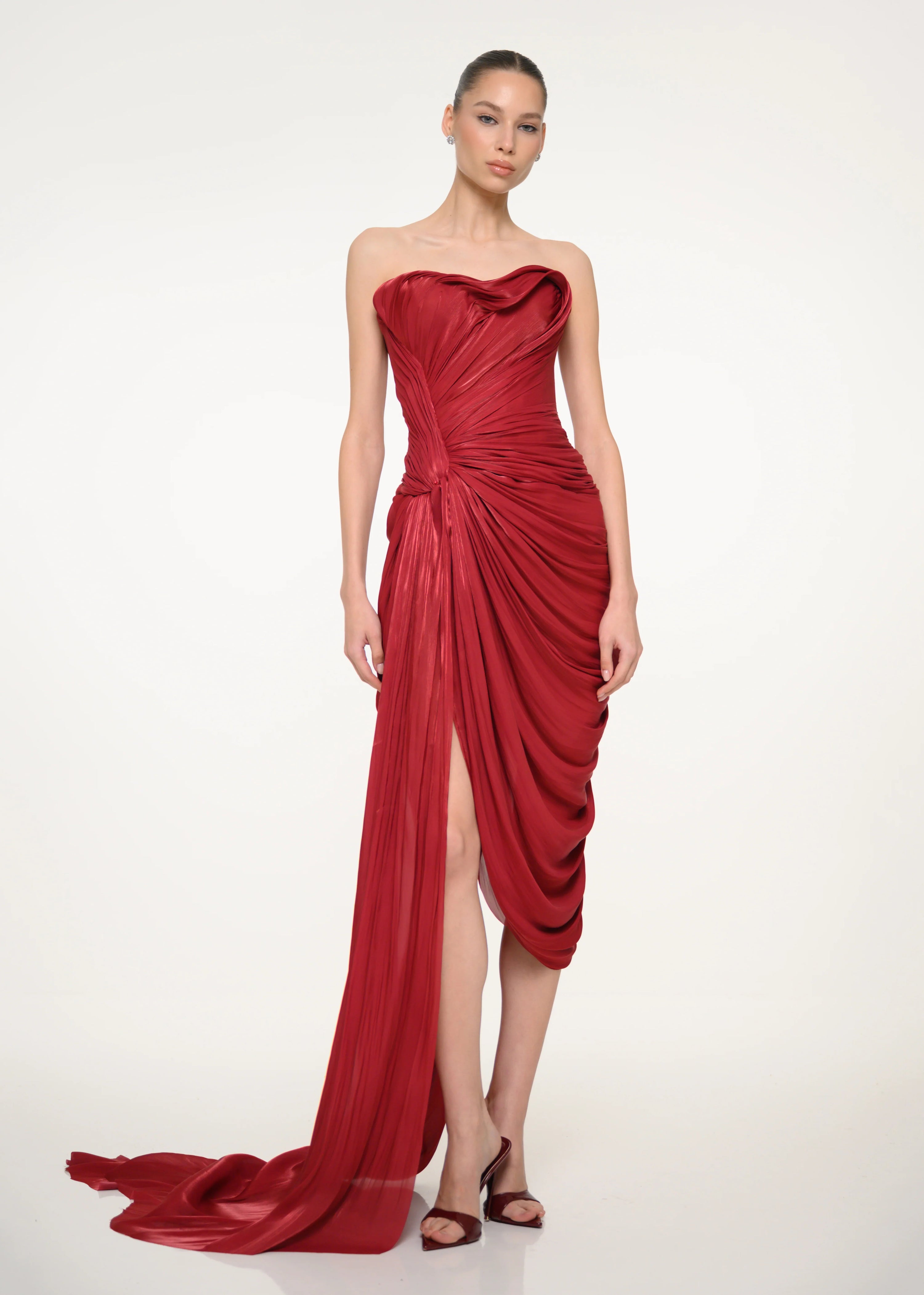 Burgundy Draped Strapless Dress