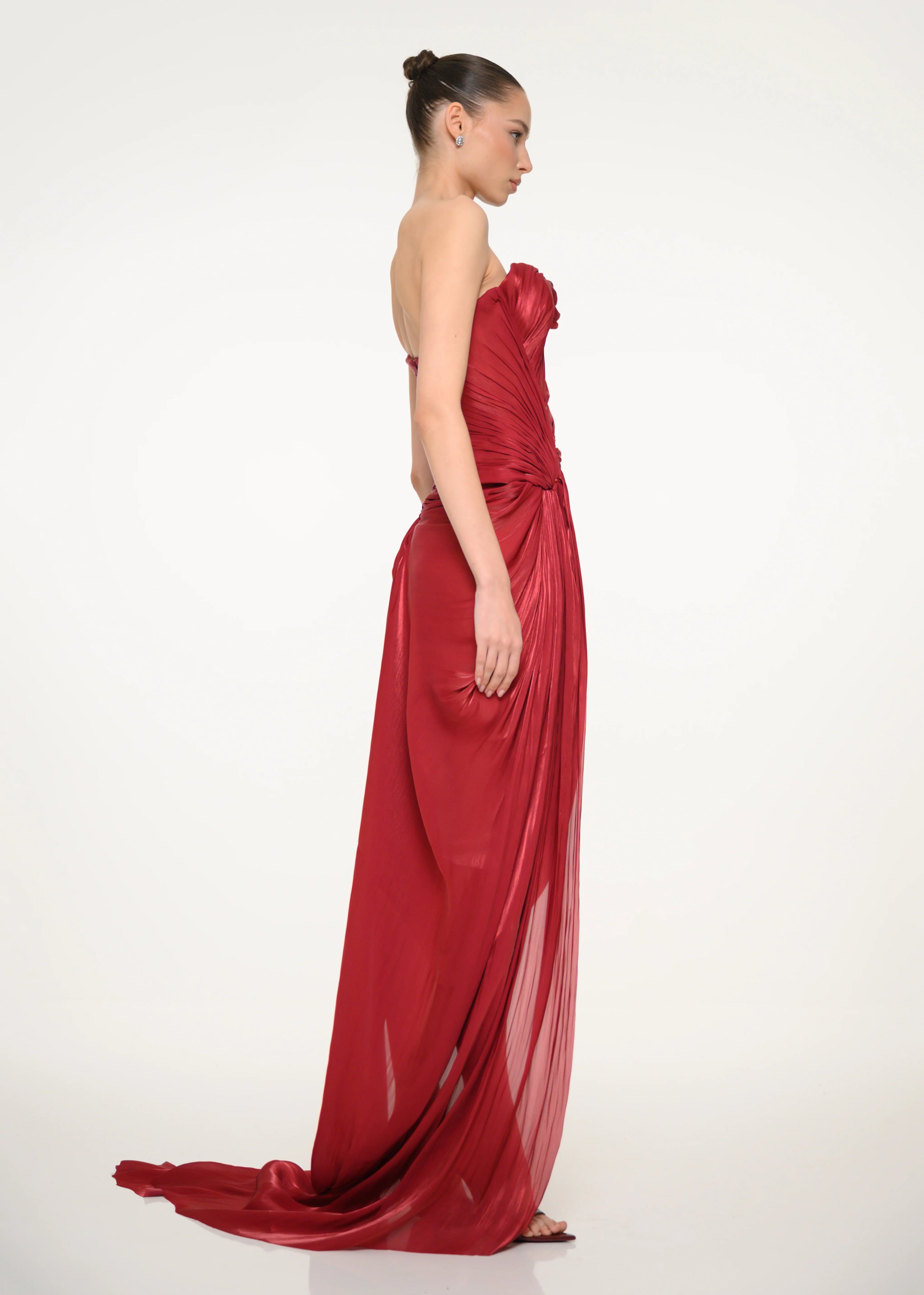 Burgundy Draped Strapless Dress