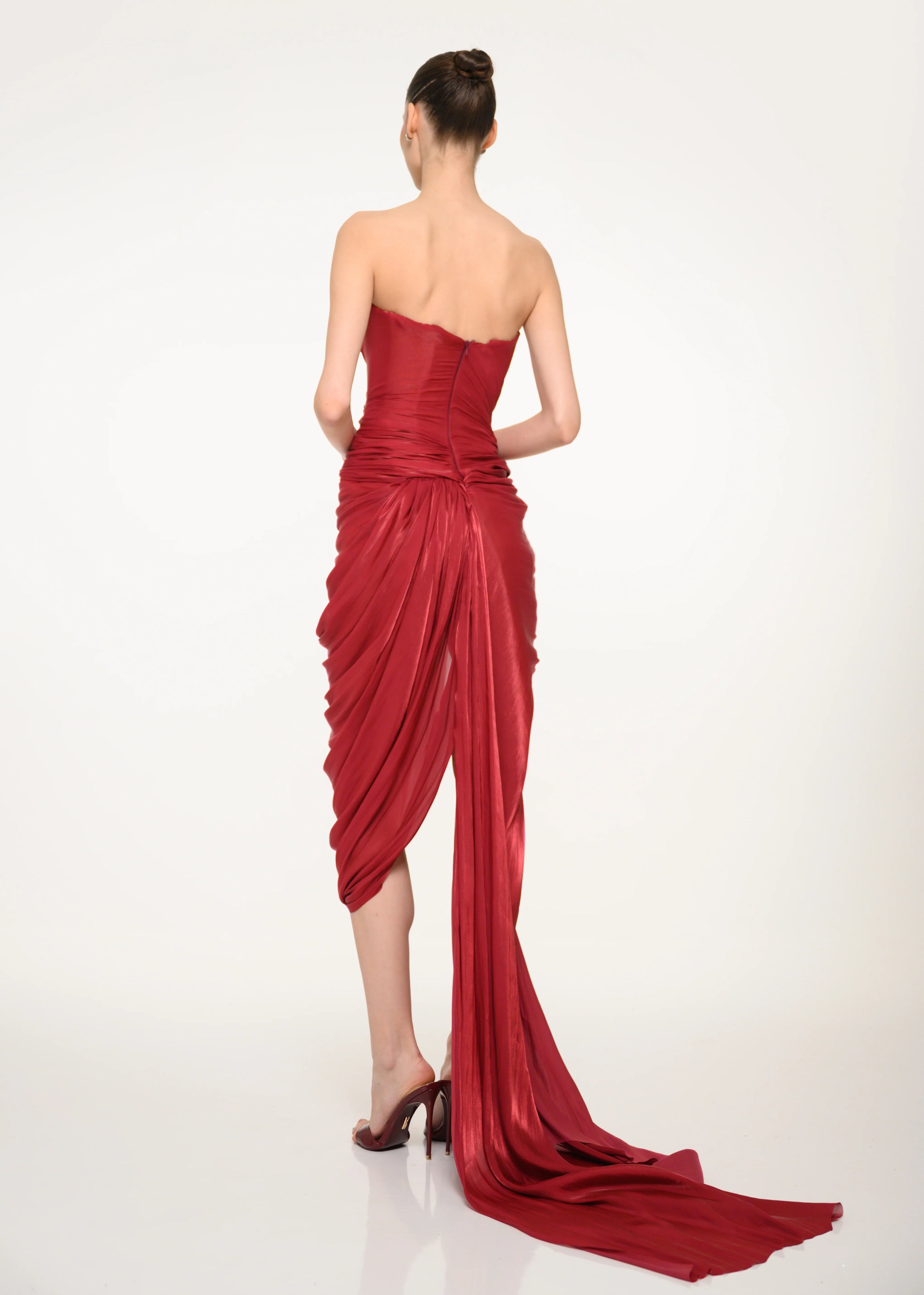 Burgundy Draped Strapless Dress