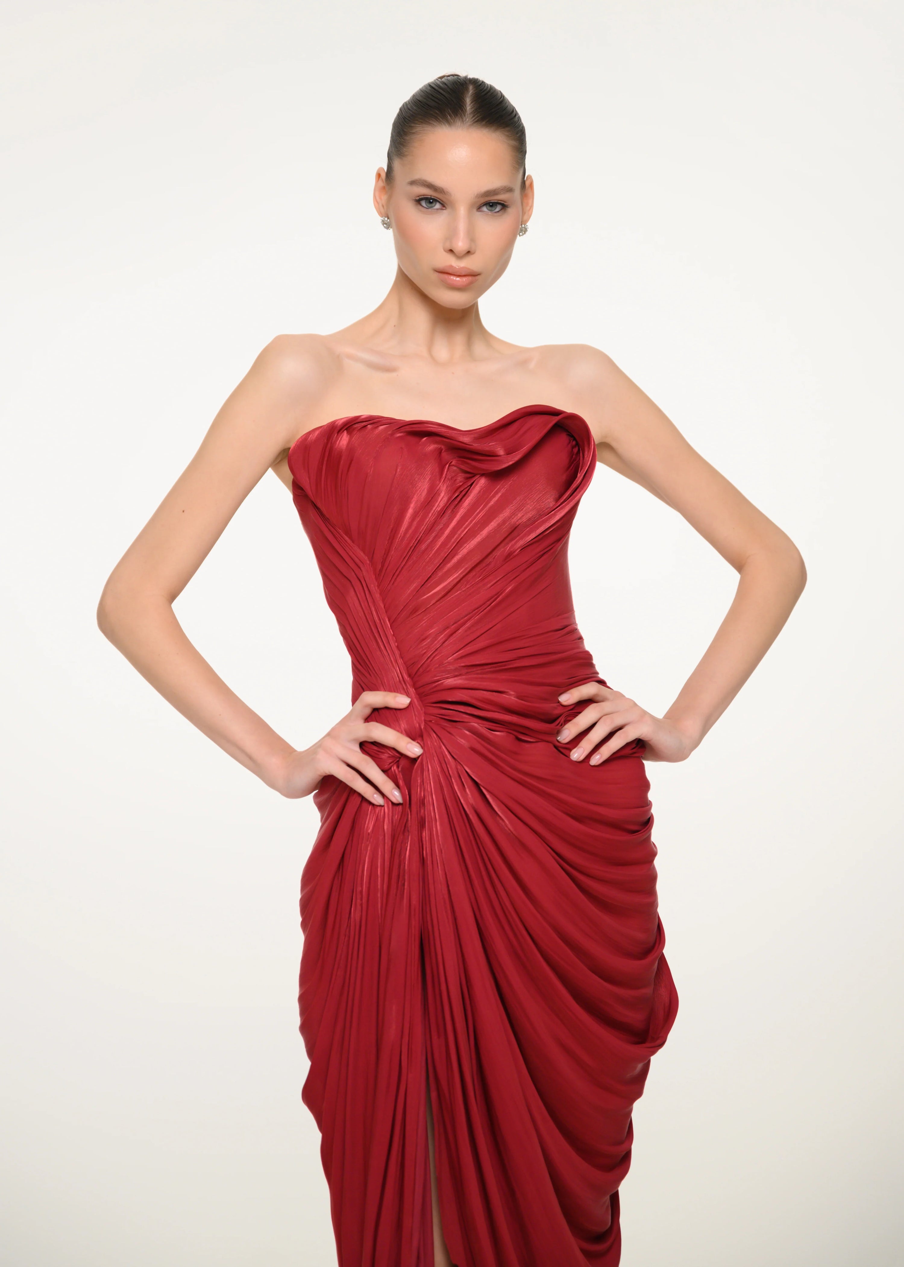 Burgundy Draped Strapless Dress