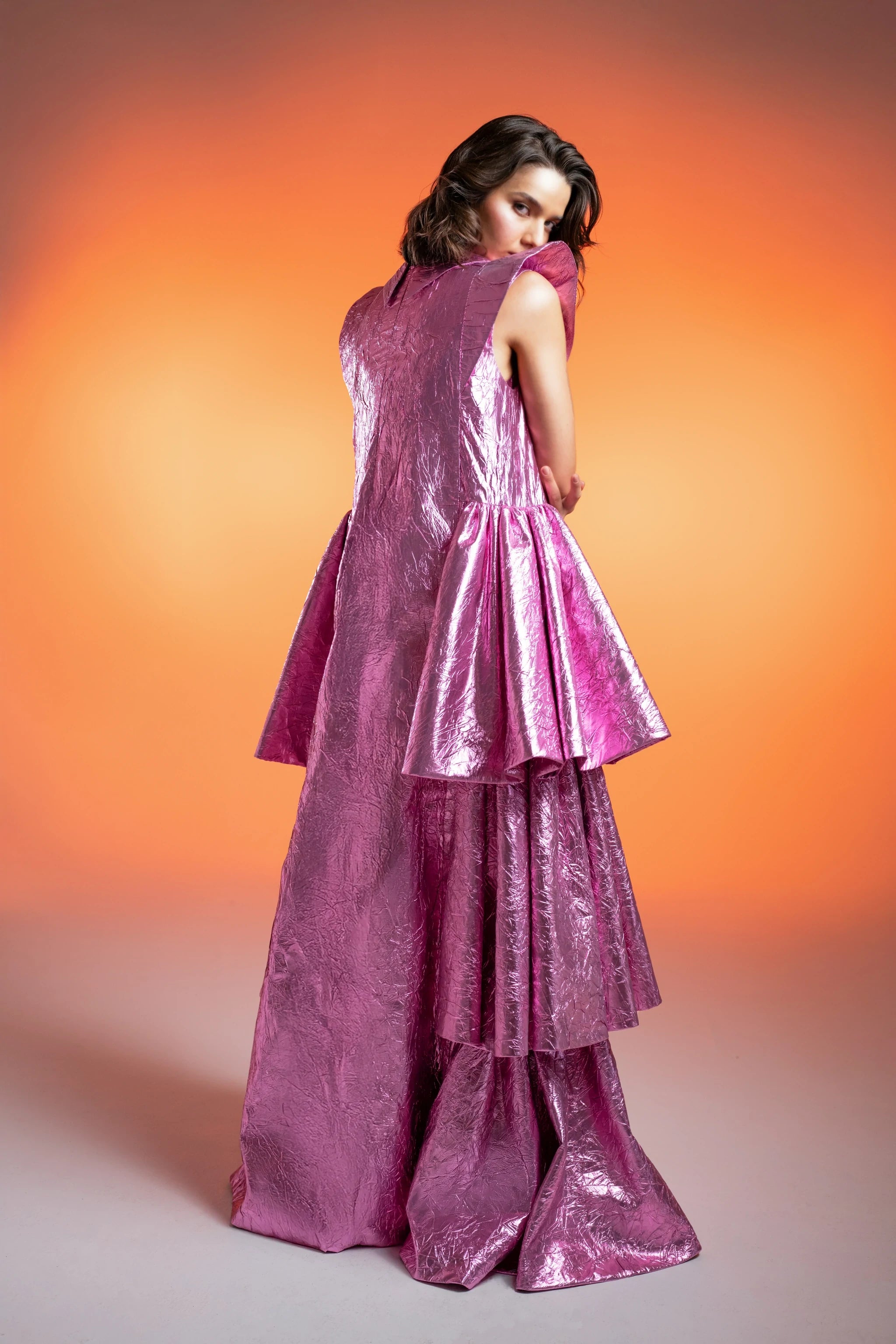 GCosmic Orchid Fuchsia Metallic Mini Dress with Sculptural Long Overlay