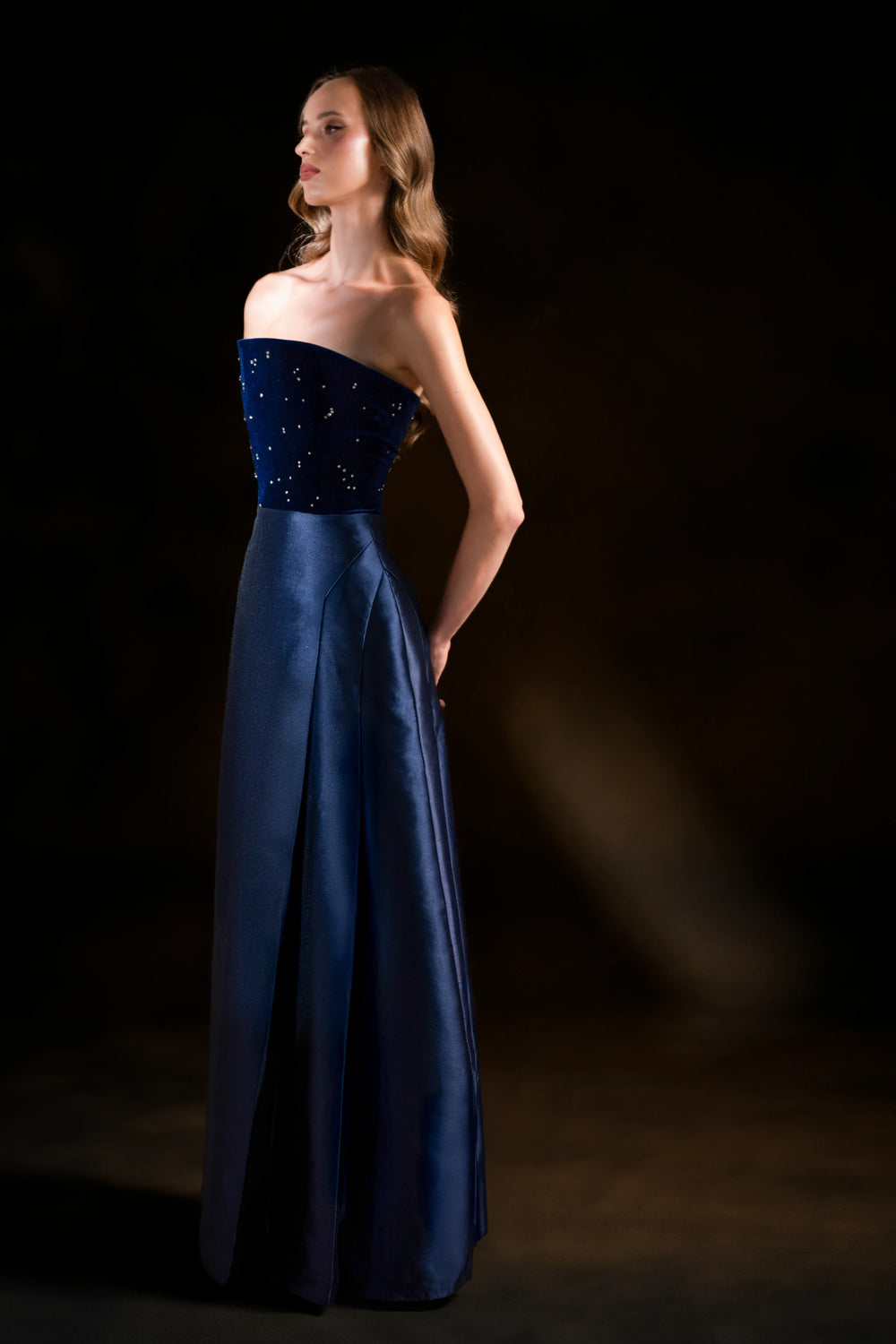 Midnight Constellation Navy Strapless Gown with Embellished Bodice