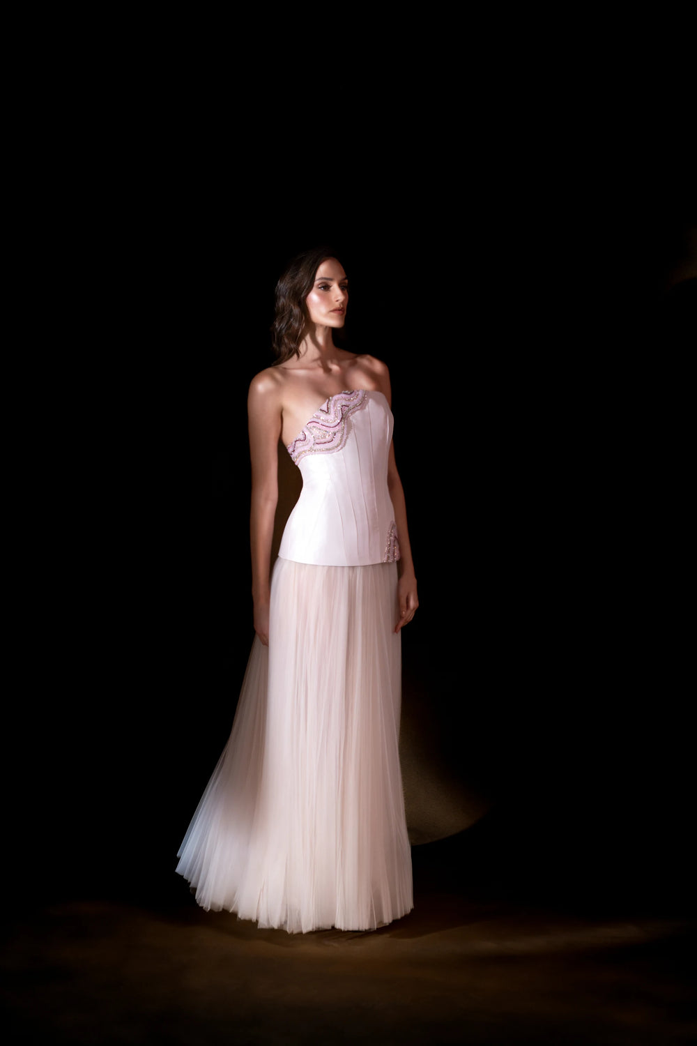 Blush Aurora pink Strapless Corset Gown with Tulle Skirt