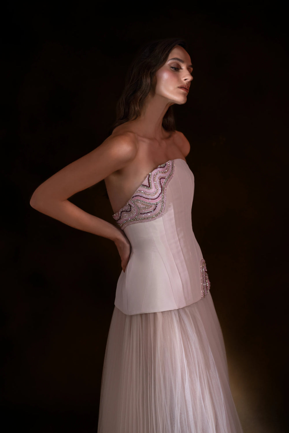Blush Aurora pink Strapless Corset Gown with Tulle Skirt