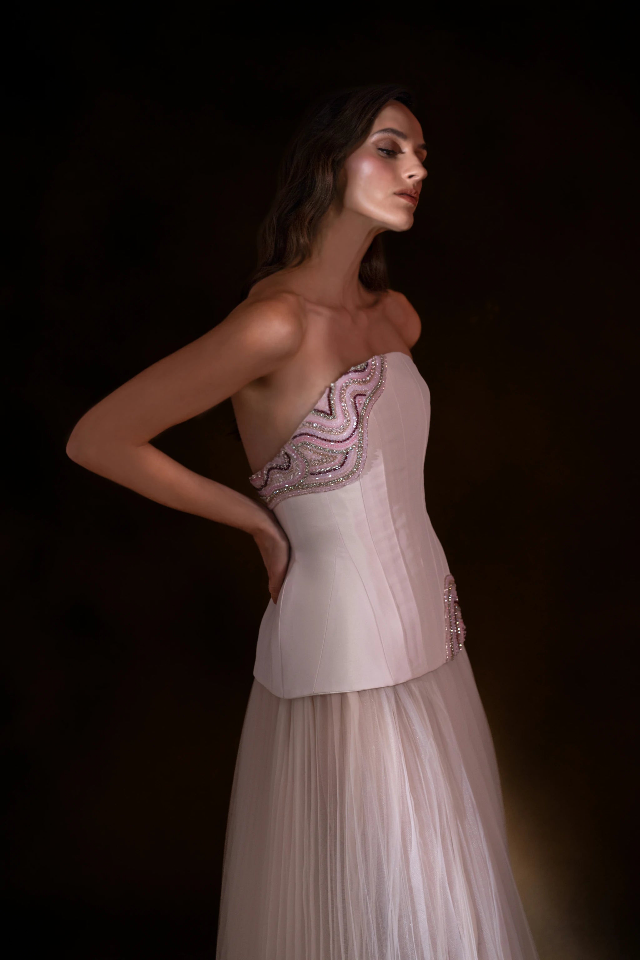Blush Aurora pink Strapless Corset Gown with Tulle Skirt