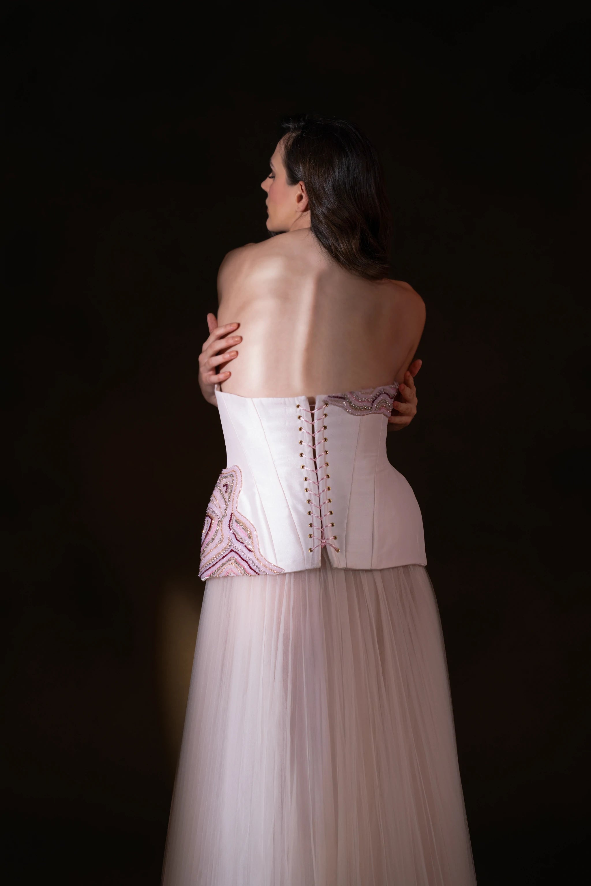 Blush Aurora pink Strapless Corset Gown with Tulle Skirt