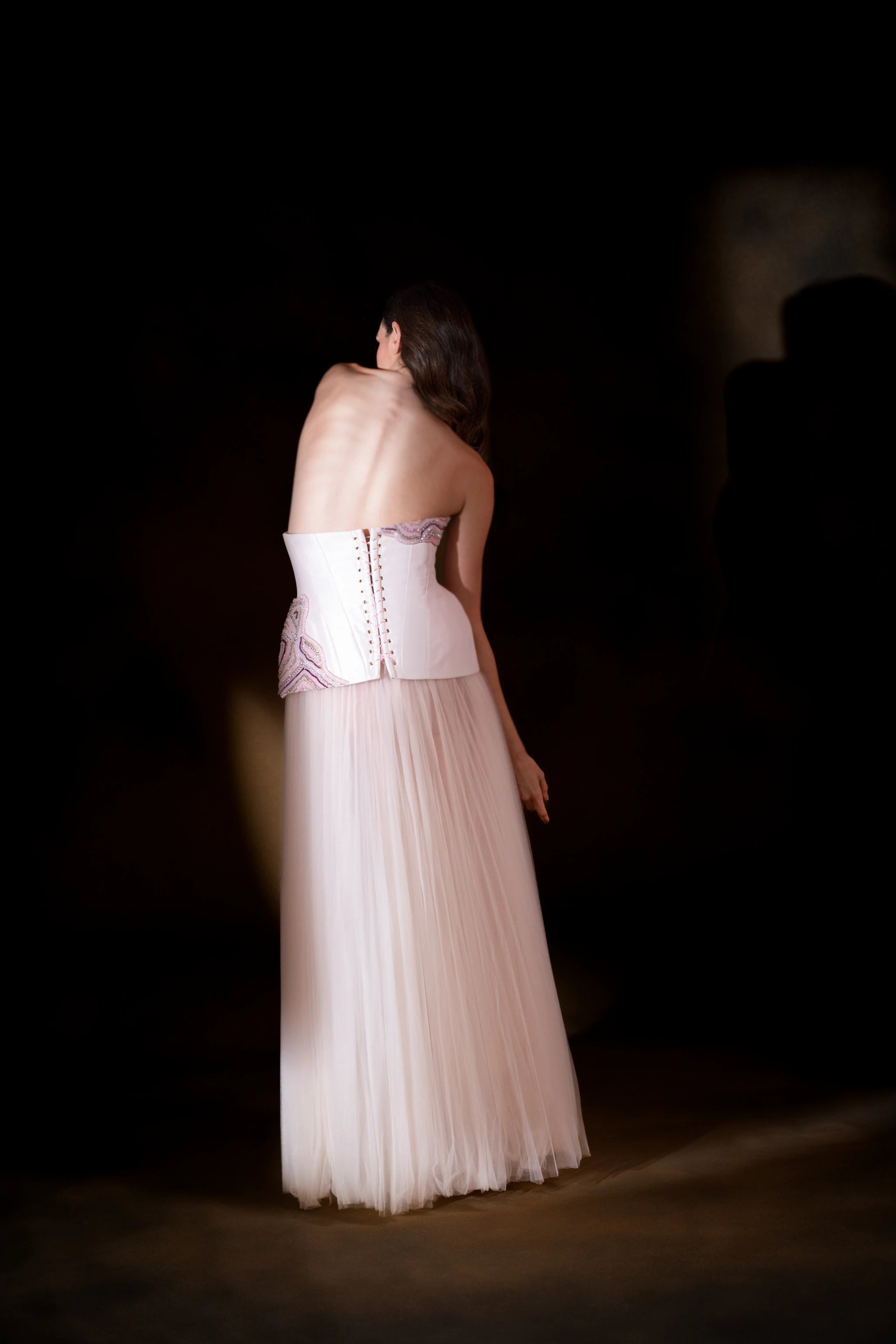 Blush Aurora pink Strapless Corset Gown with Tulle Skirt