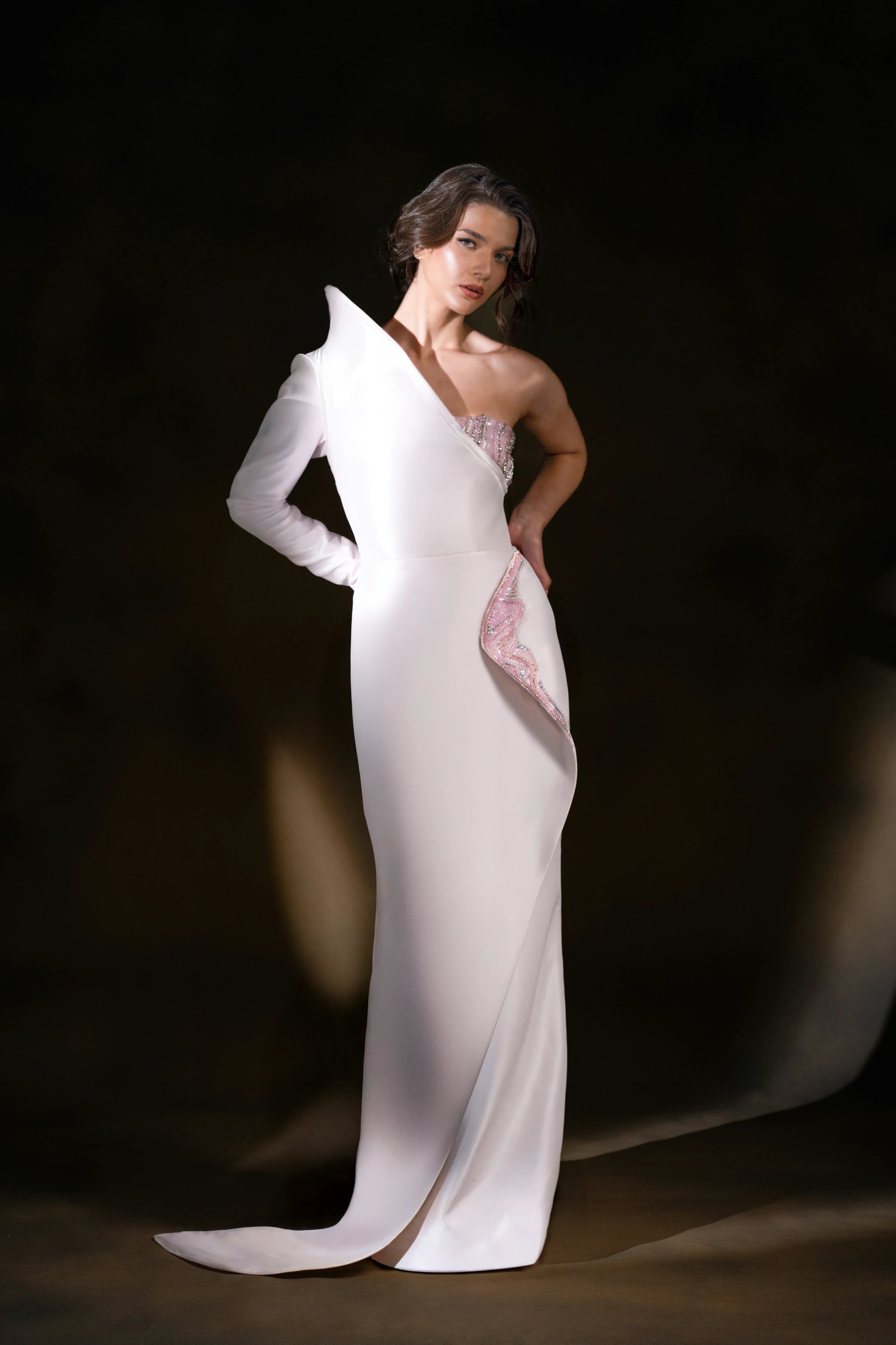 Soft pink Eclipse White Asymmetric Gown with Beaded Corset
