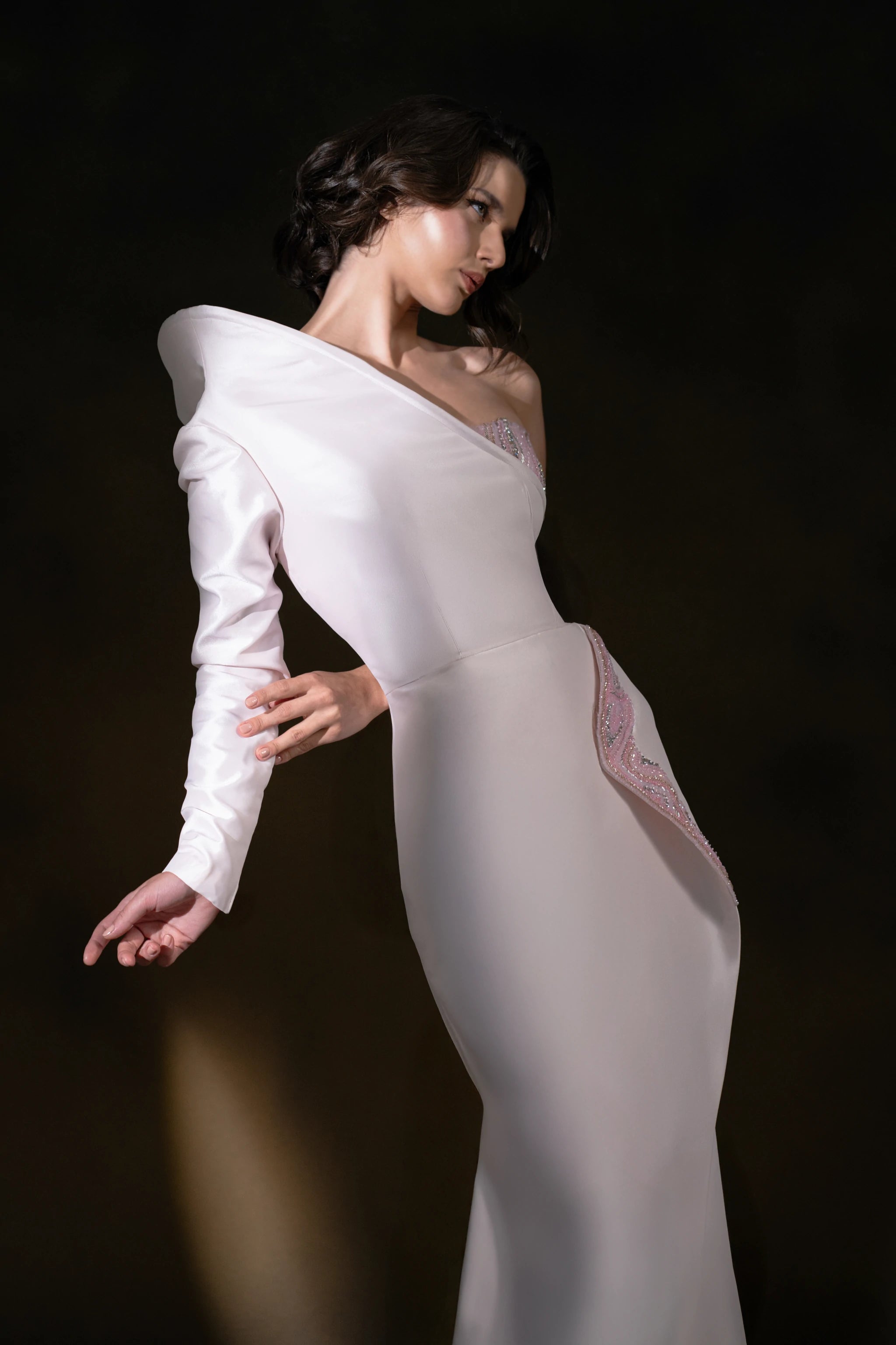 Soft pink Eclipse White Asymmetric Gown with Beaded Corset