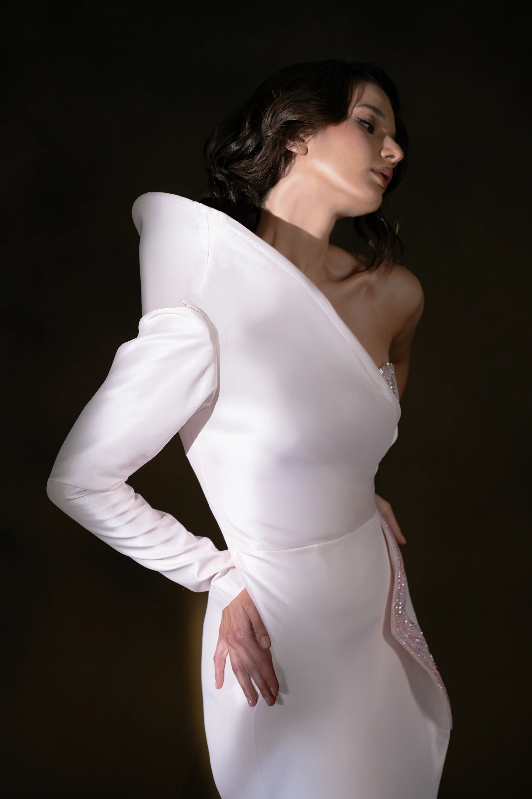 Soft pink Eclipse White Asymmetric Gown with Beaded Corset