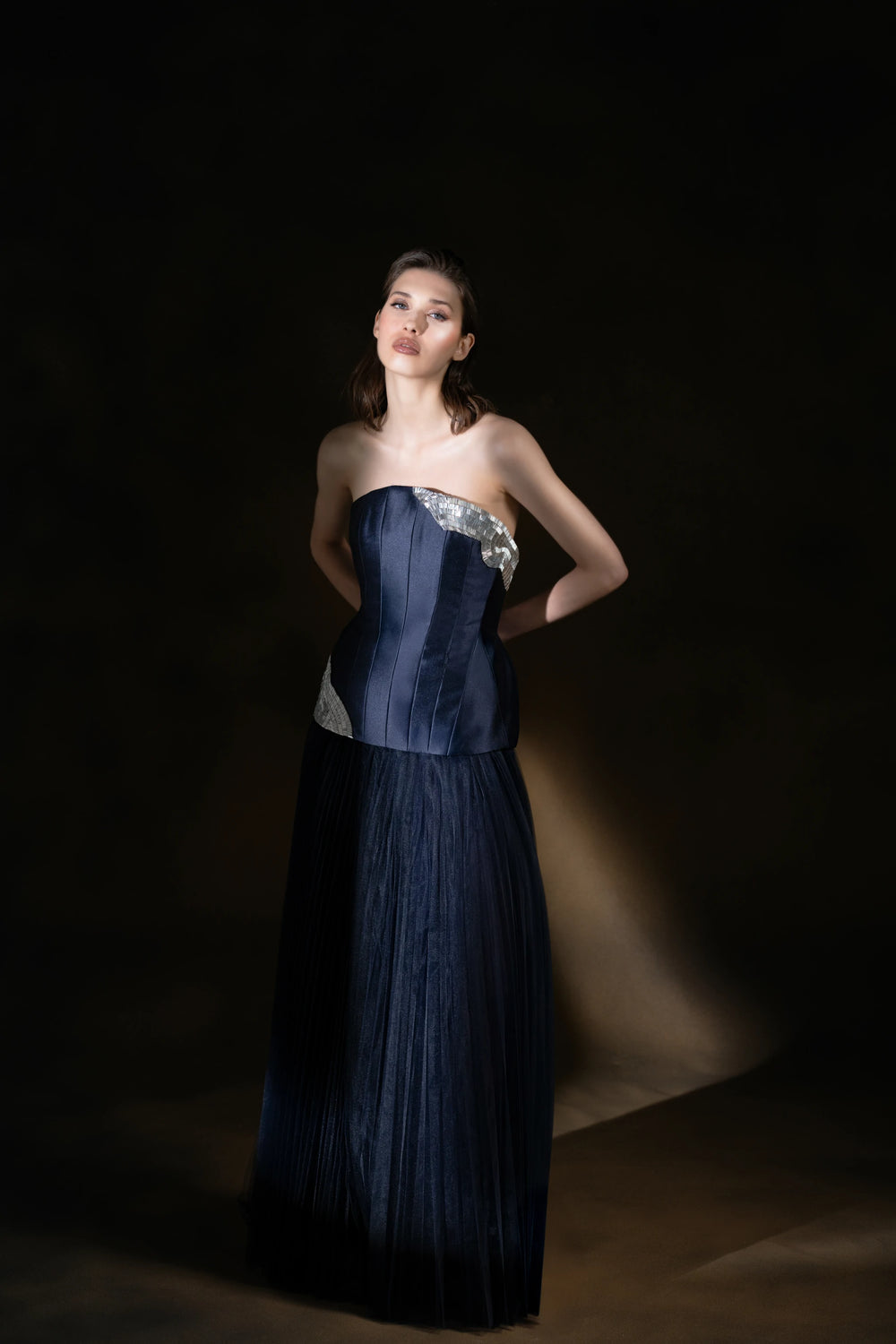 Midnight Grace Navy Corset Gown with Pleated Skirt