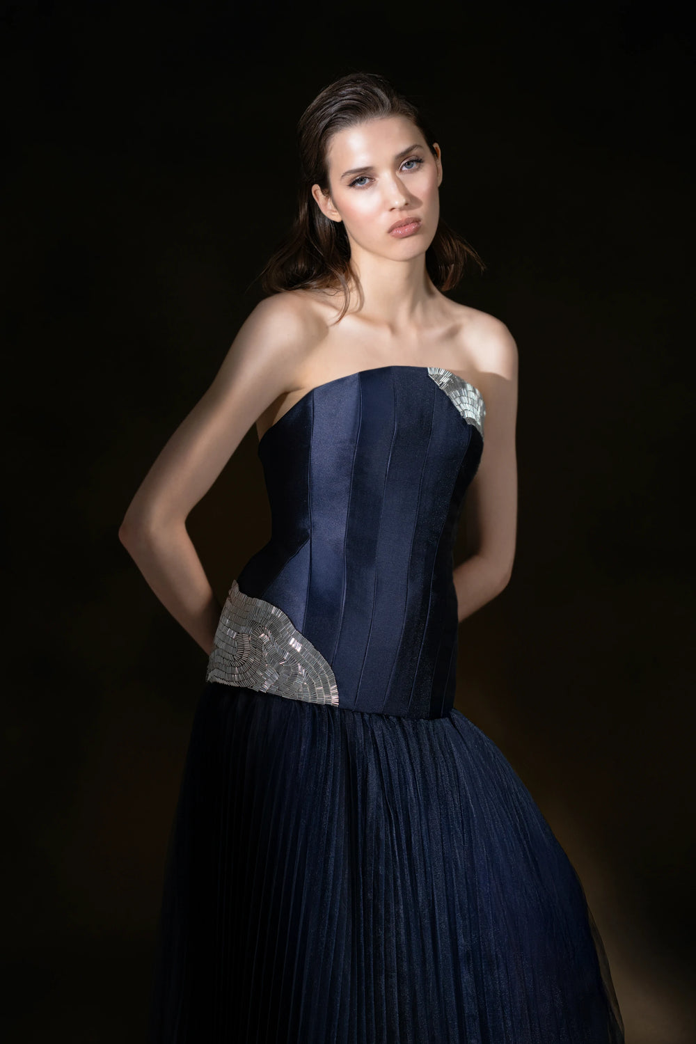 Midnight Grace Navy Corset Gown with Pleated Skirt