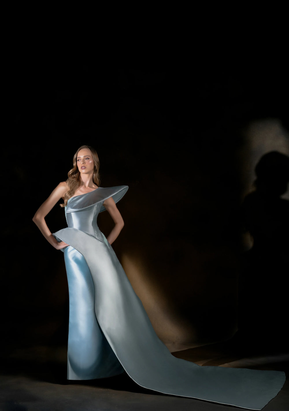 Celestial Wave Ice Blue Sculptural Gown with Train