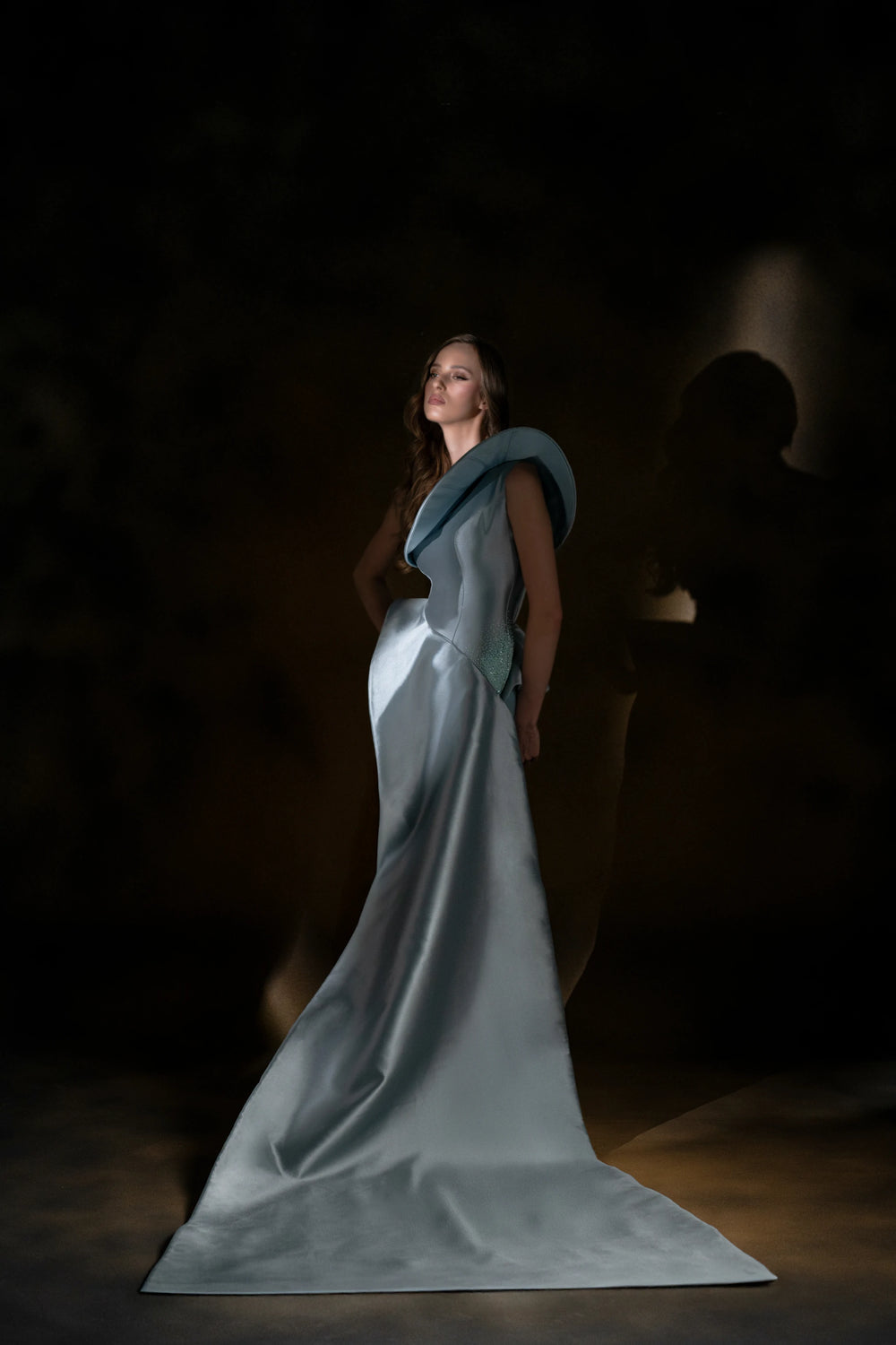 Celestial Wave Ice Blue Sculptural Gown with Train