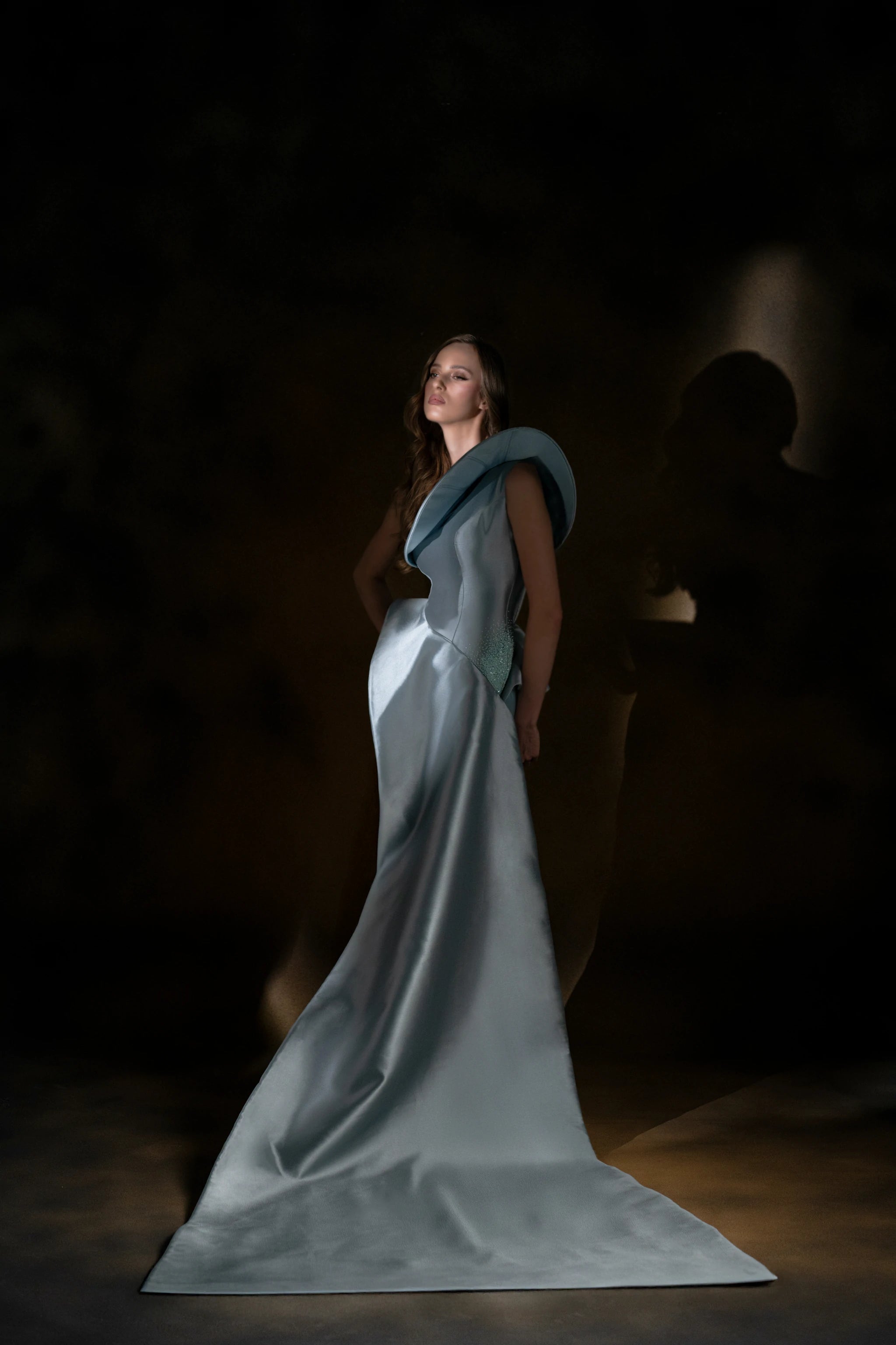 Celestial Wave Ice Blue Sculptural Gown with Train