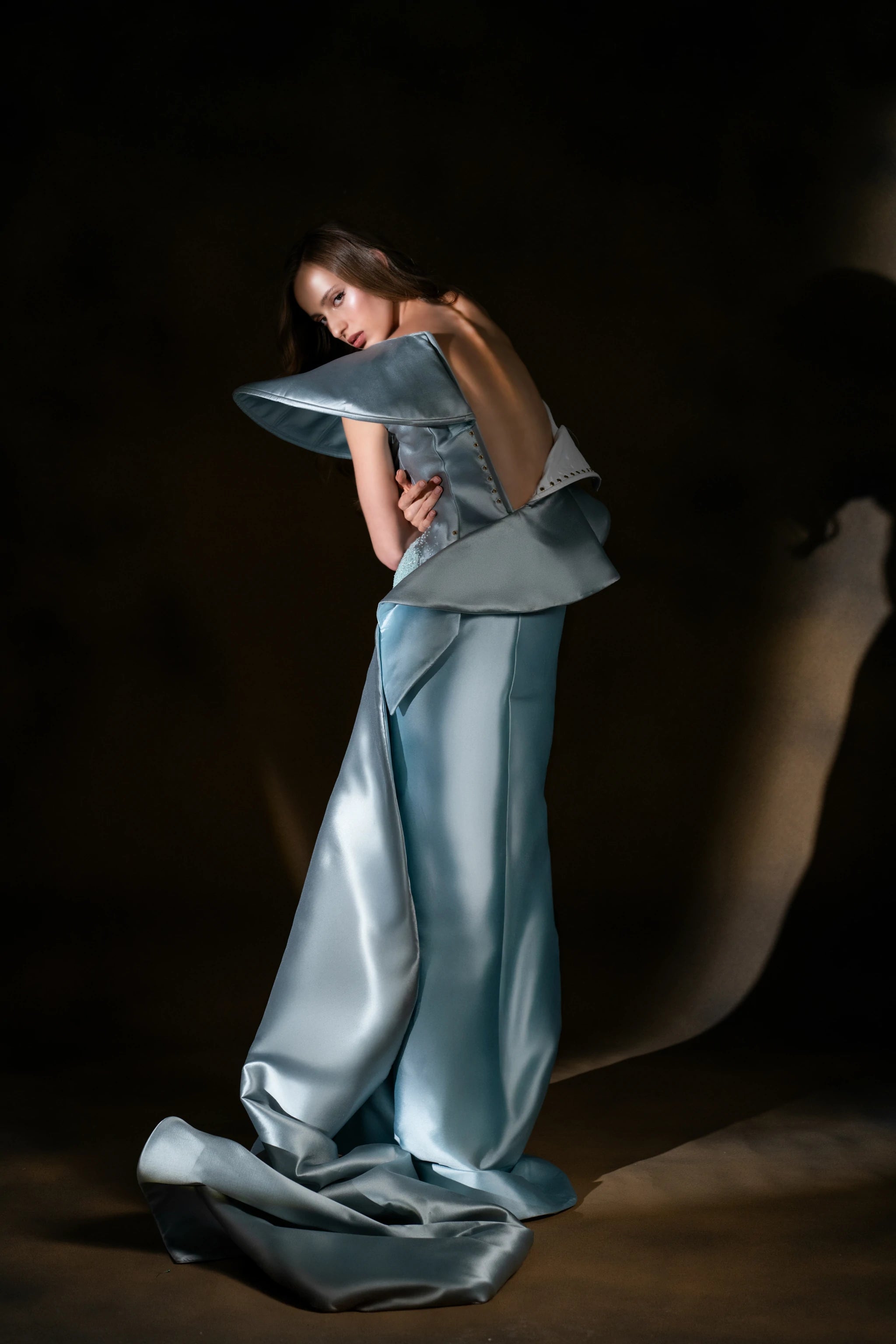 Celestial Wave Ice Blue Sculptural Gown with Train