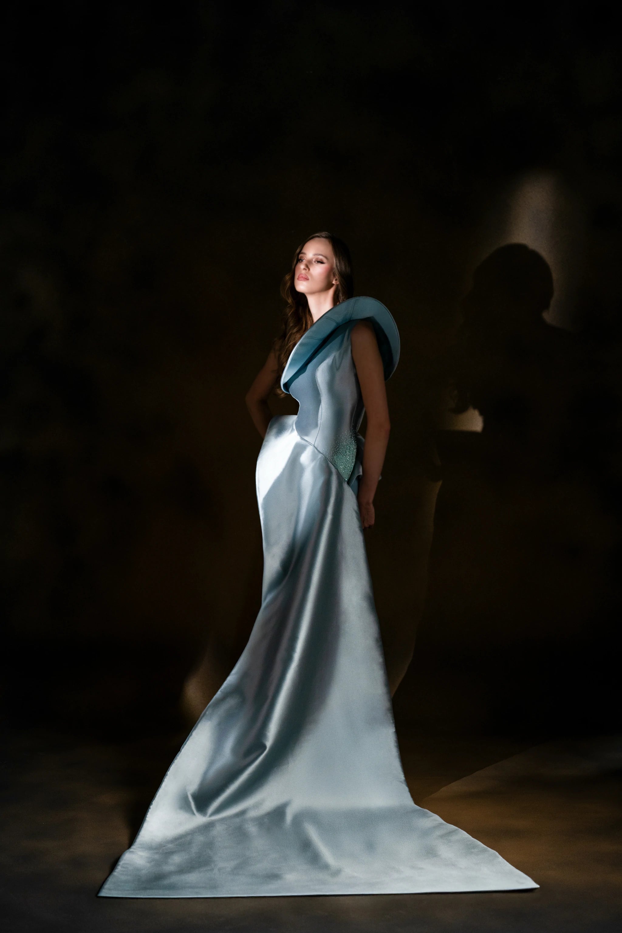 Celestial Wave Ice Blue Sculptural Gown with Train