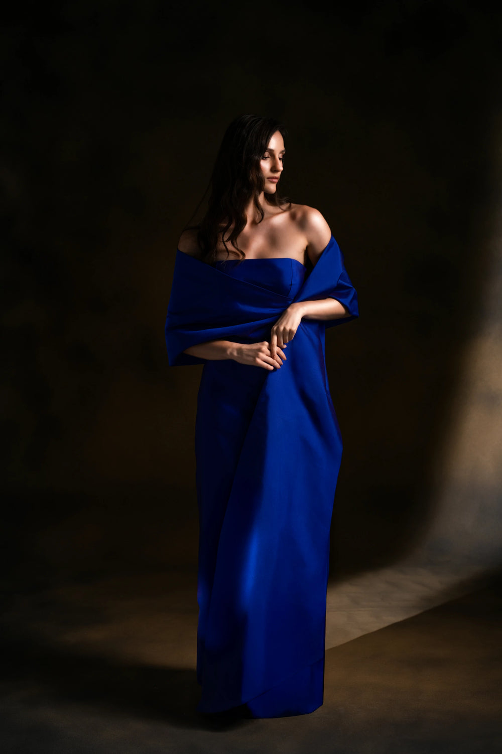 Royal Serenity Strapless Blue Satin Maxi Dress