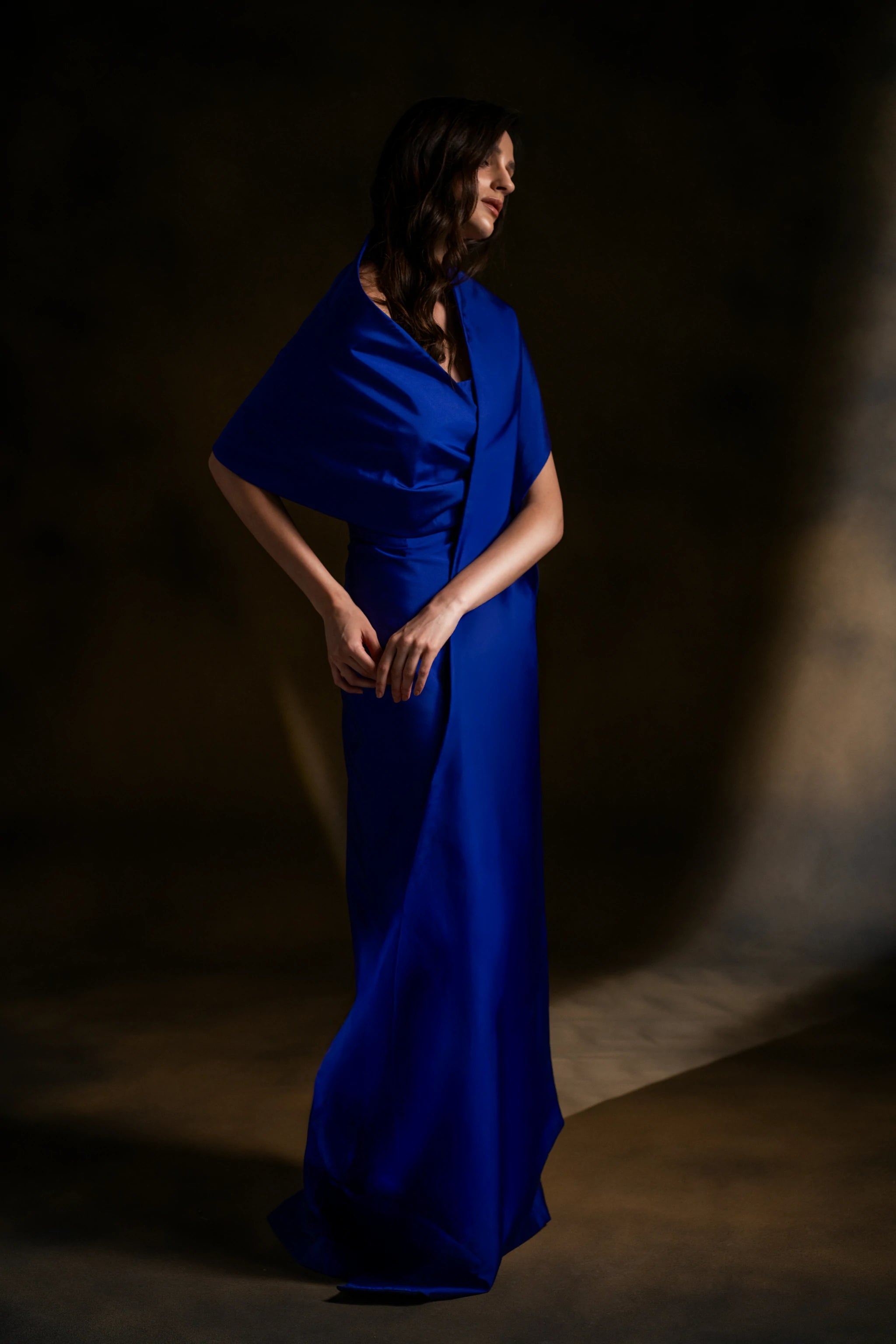 Royal Serenity Strapless Blue Satin Maxi Dress