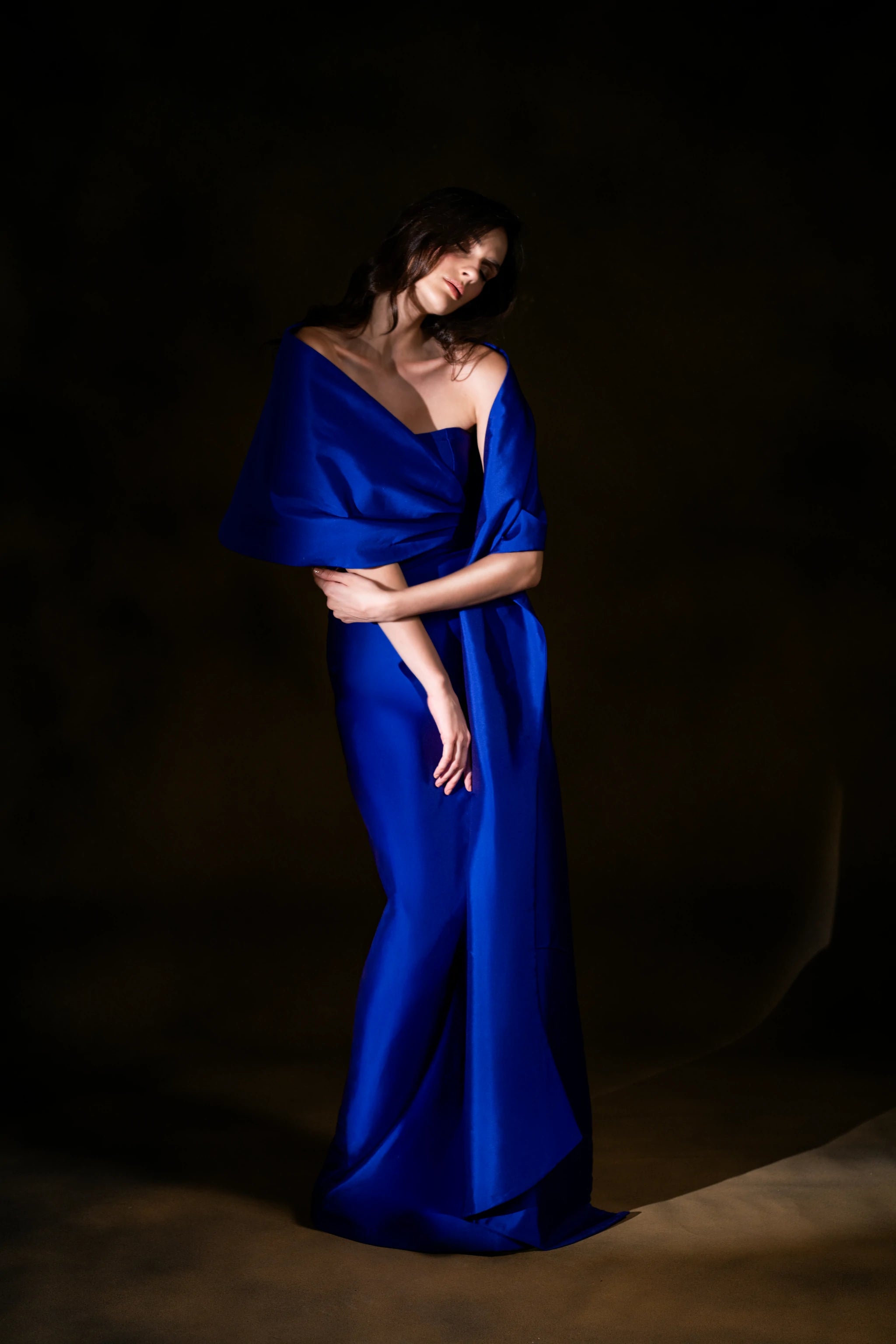 Royal Serenity Strapless Blue Satin Maxi Dress