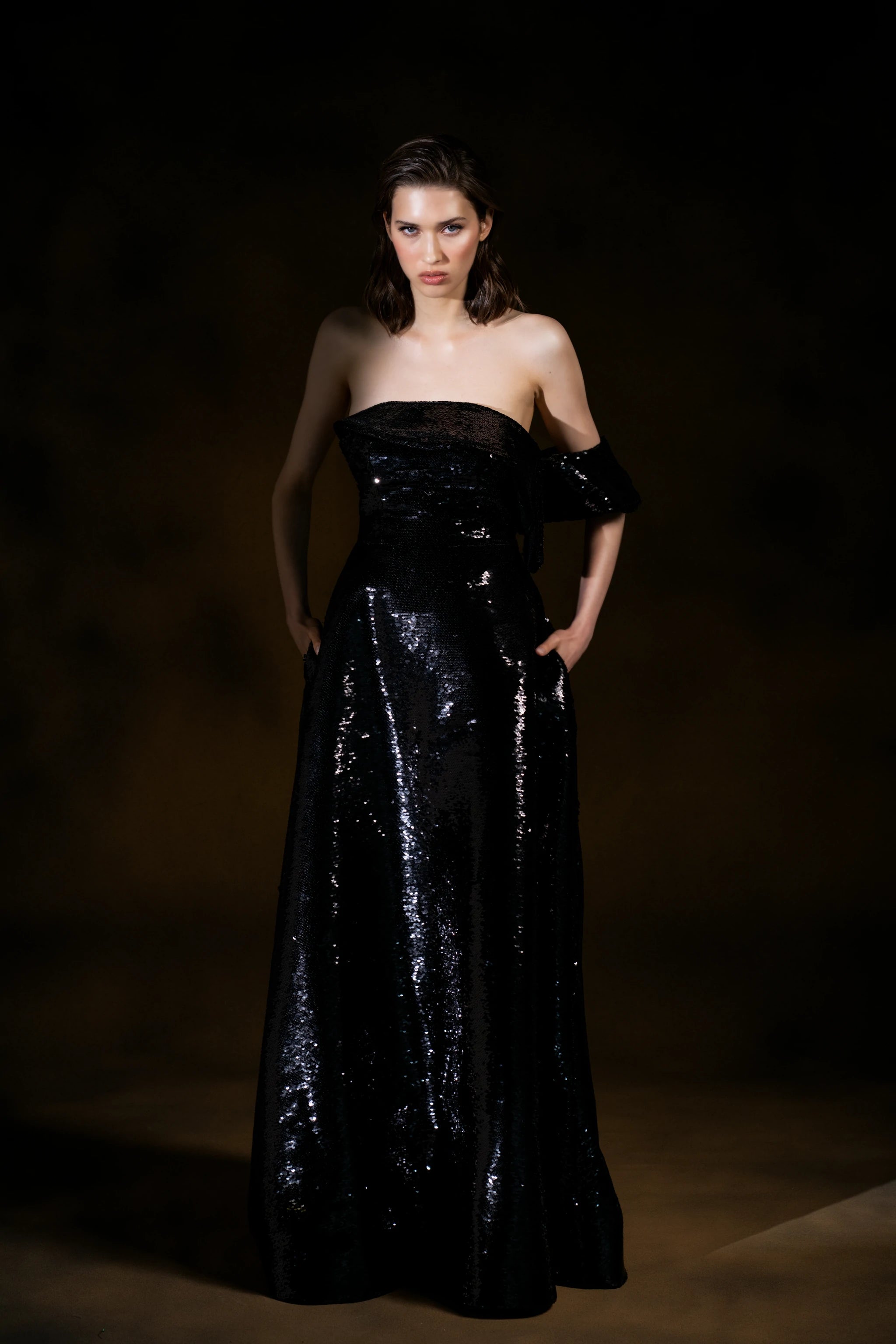 Midnight Radiance Black Sequin Off-Shoulder Gown