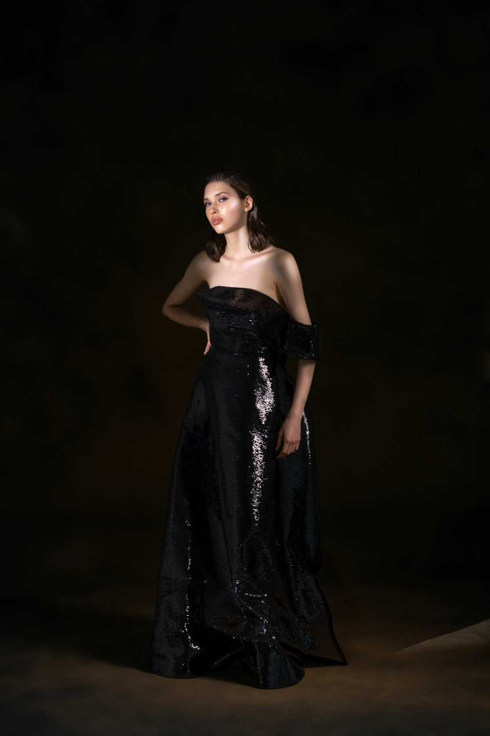 Midnight Radiance Black Sequin Off-Shoulder Gown