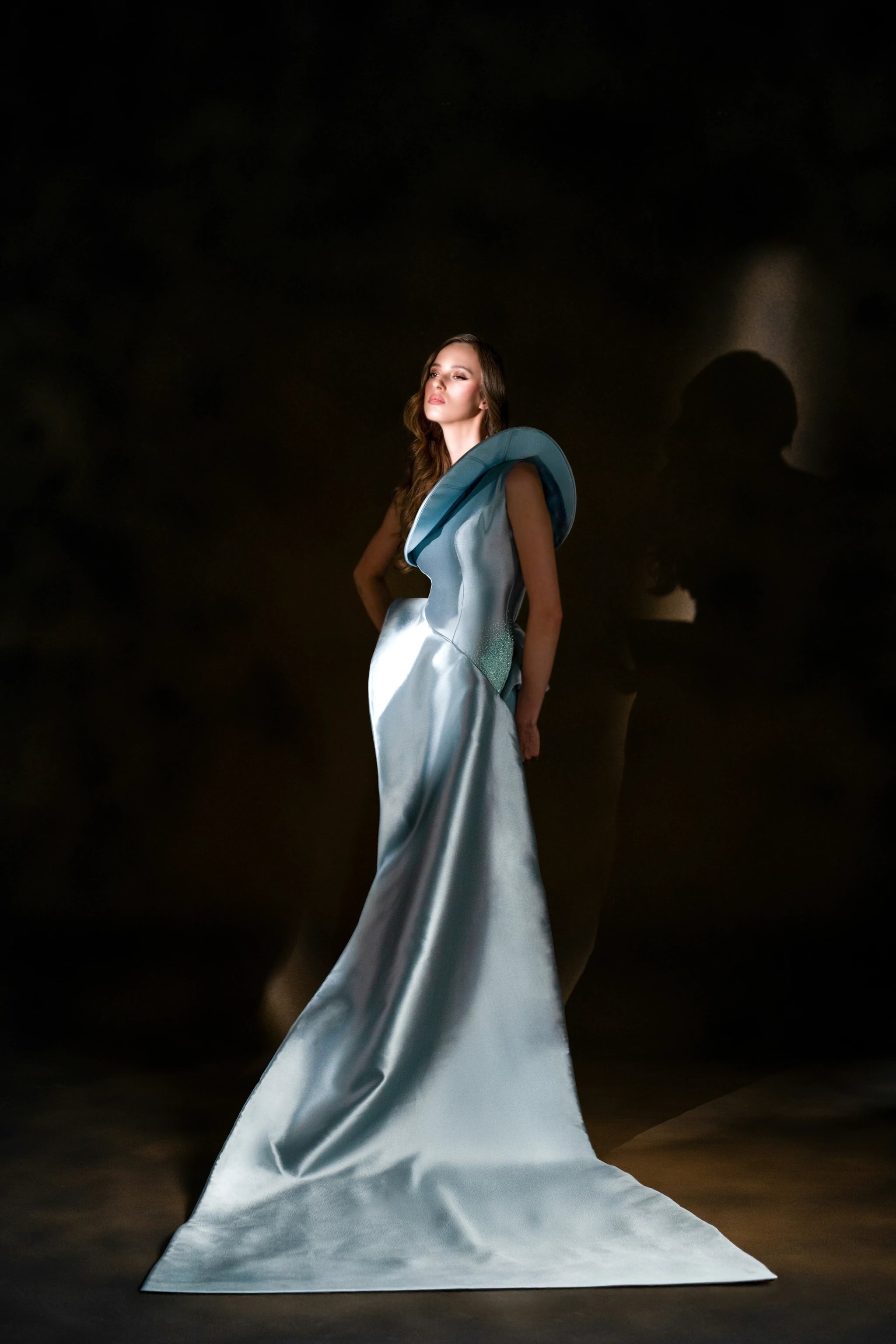 Celestial Wave Ice Blue Sculptural Gown with Train