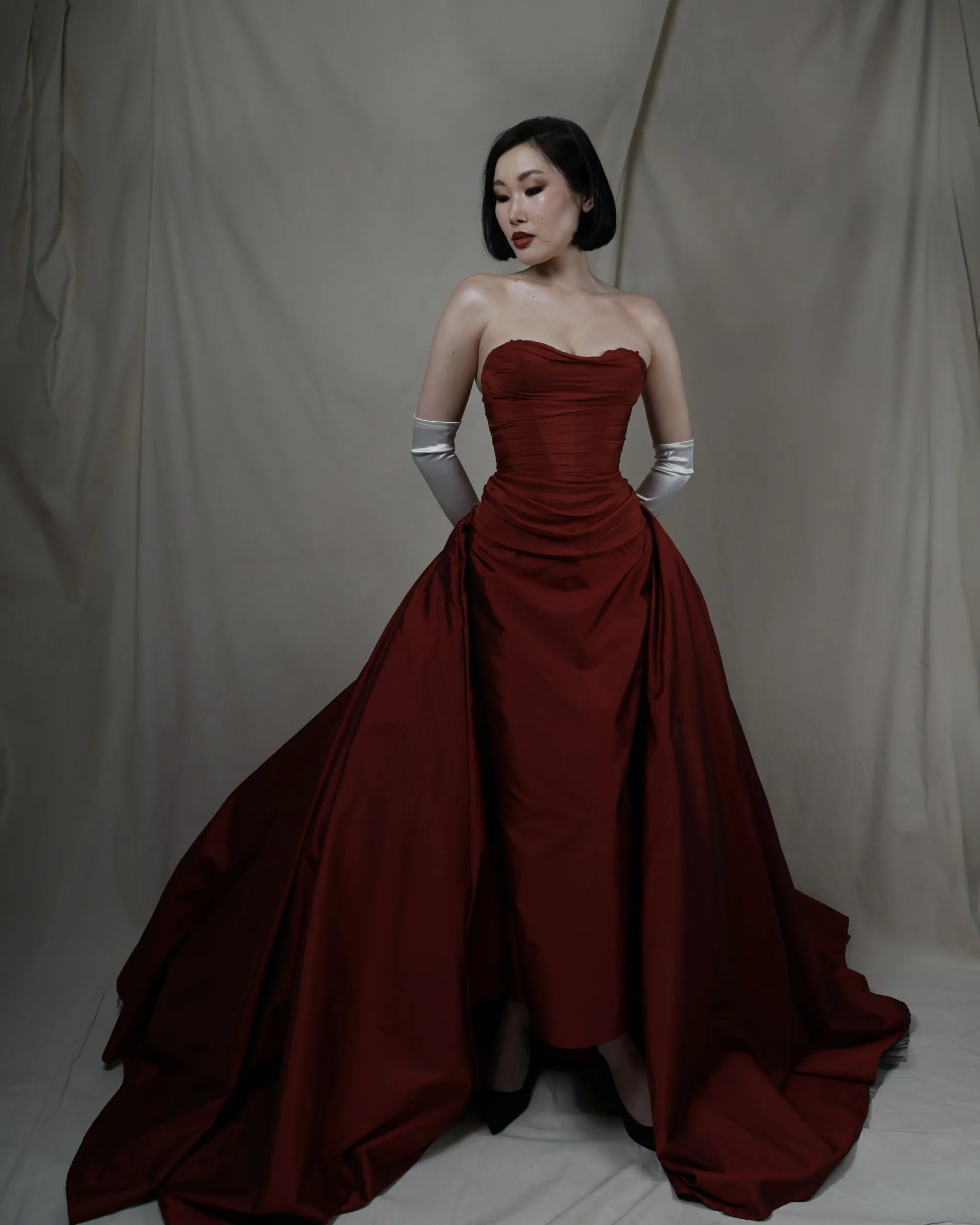 Crimson Majesty Dress | Strapless Red Silk Ball Gown