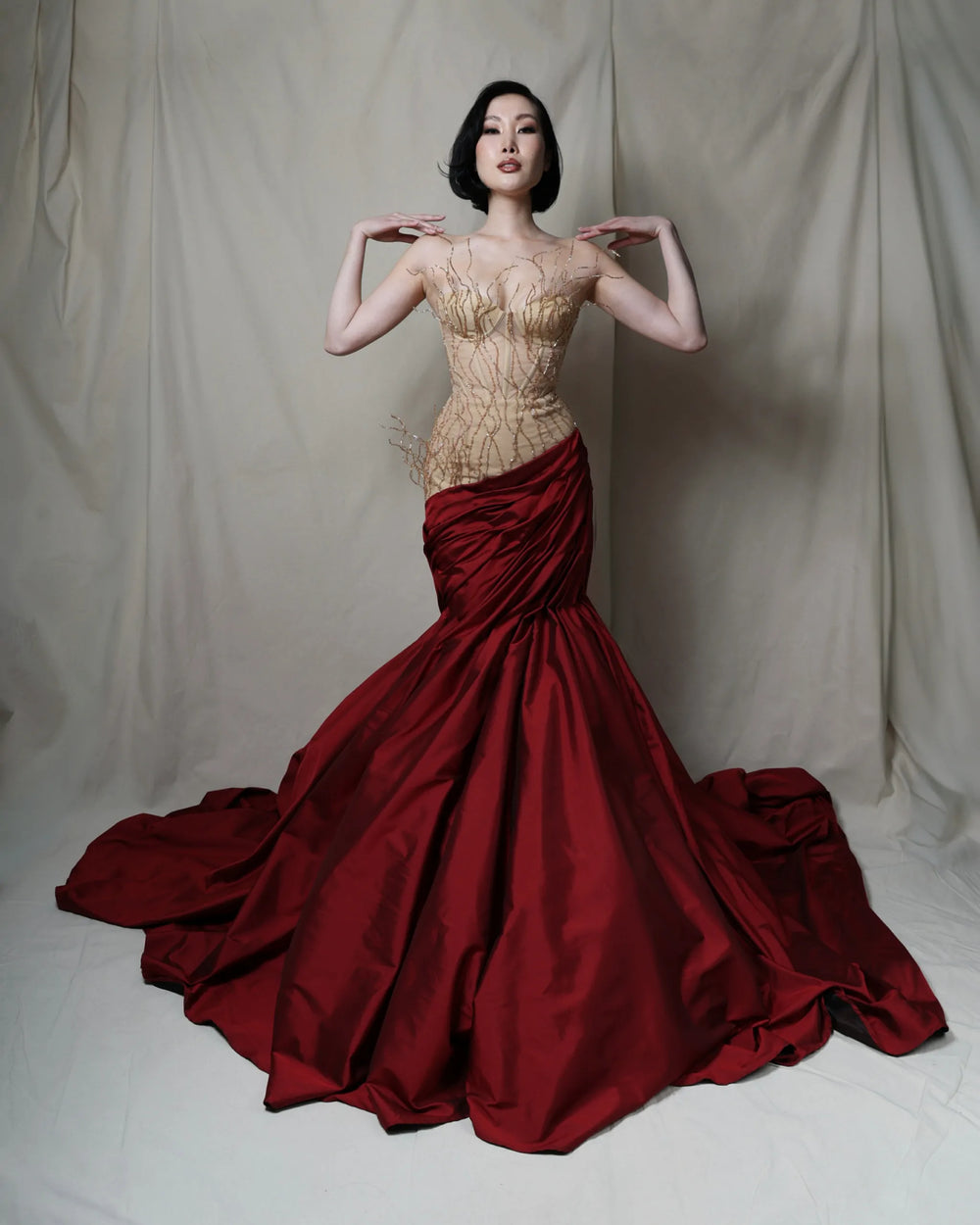 Crimson Empress Dress – Luxury Satin Maxi Gown with Beaded Bodice