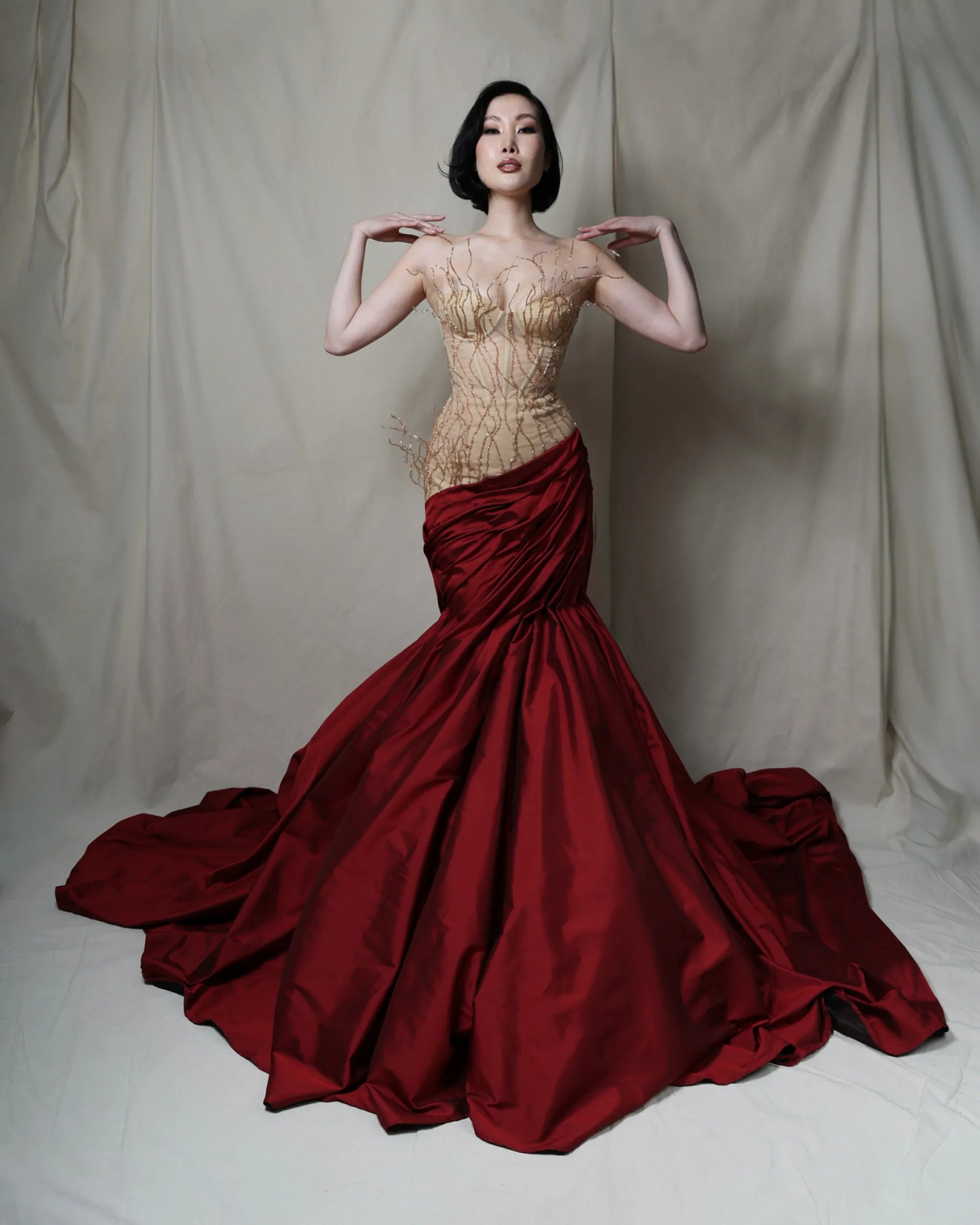 Crimson Empress Dress – Luxury Satin Maxi Gown with Beaded Bodice